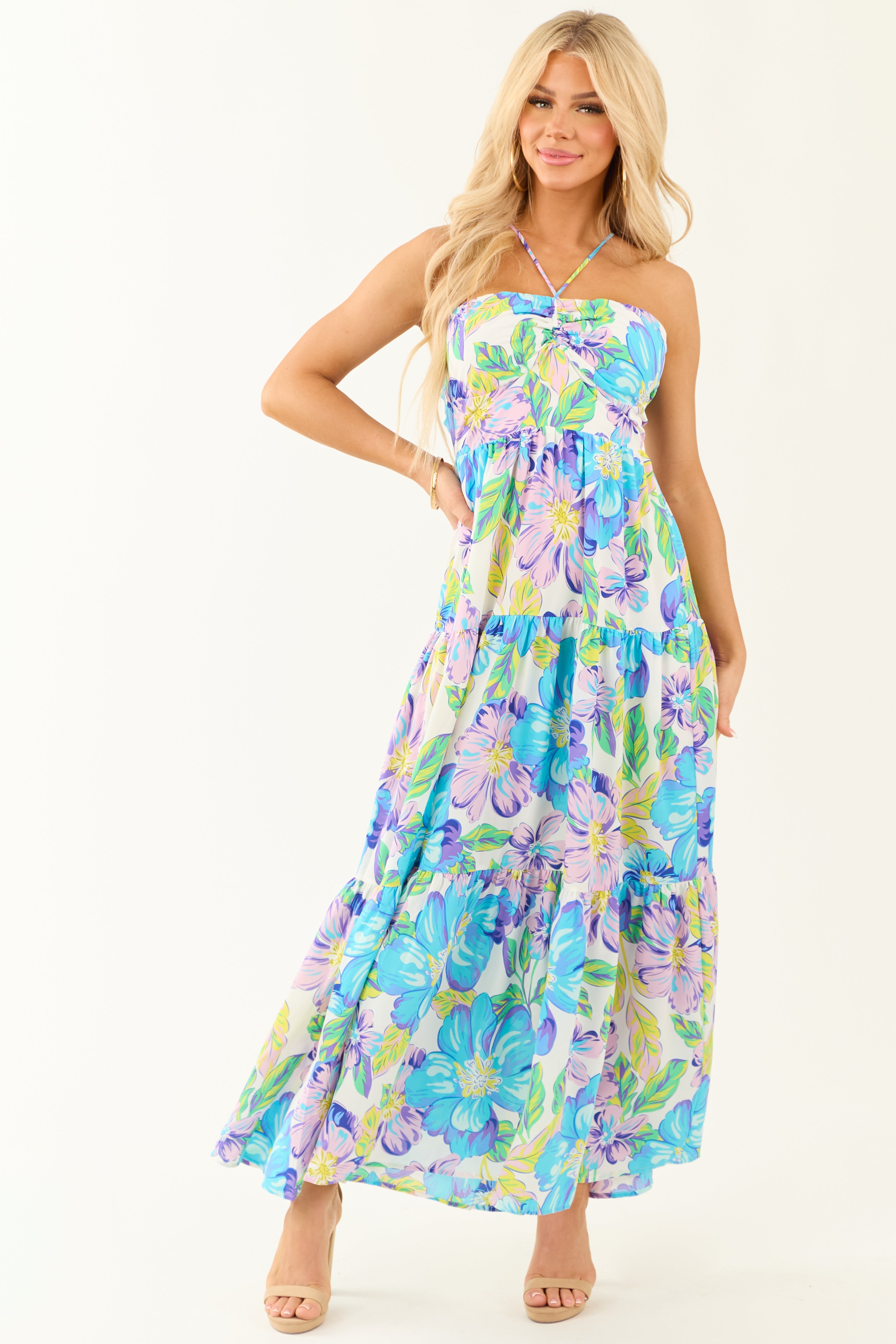 Floral Print Halter Neck Maxi Dress in Baby Blue