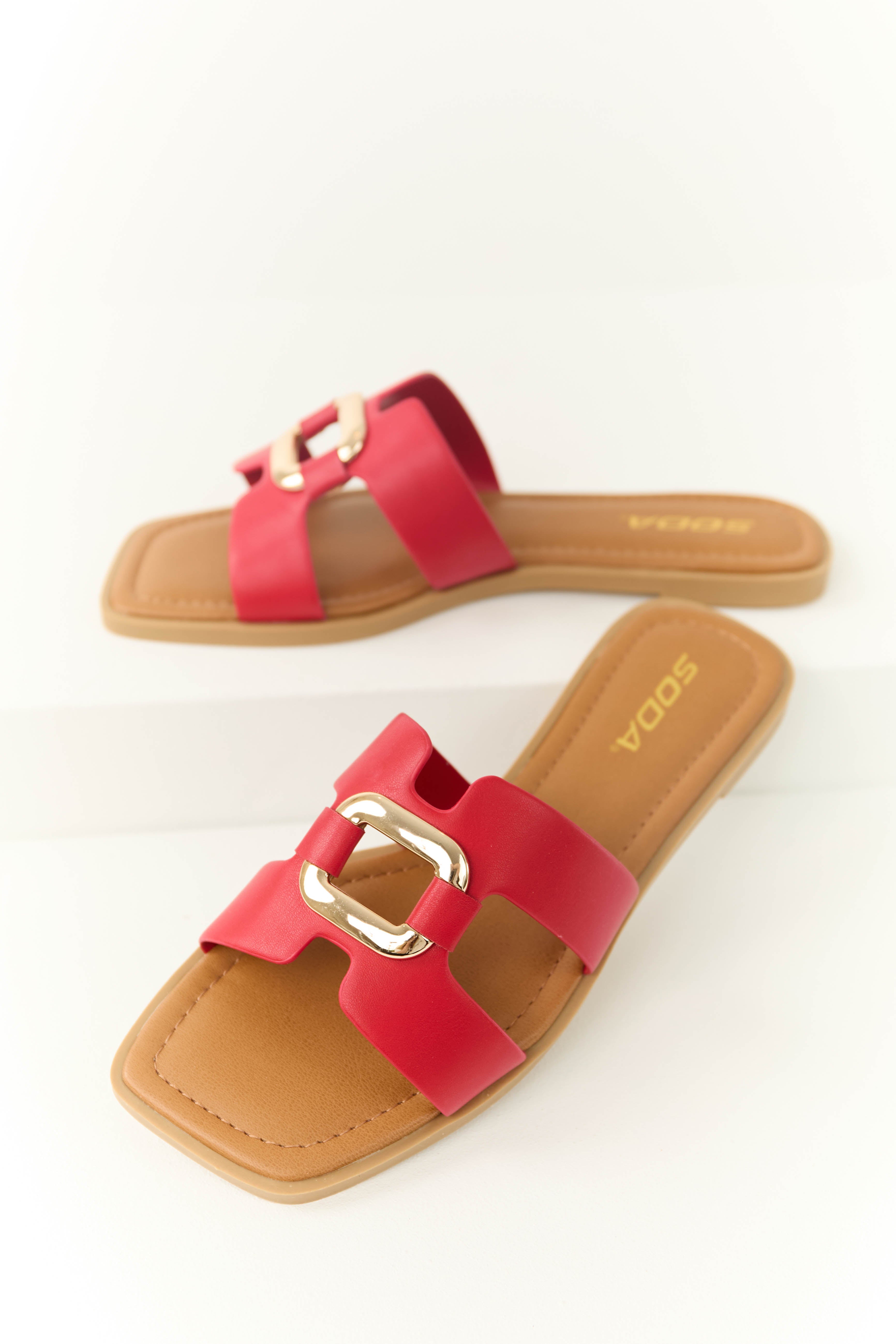 Red Faux Leather Open Toe Platform Sandals