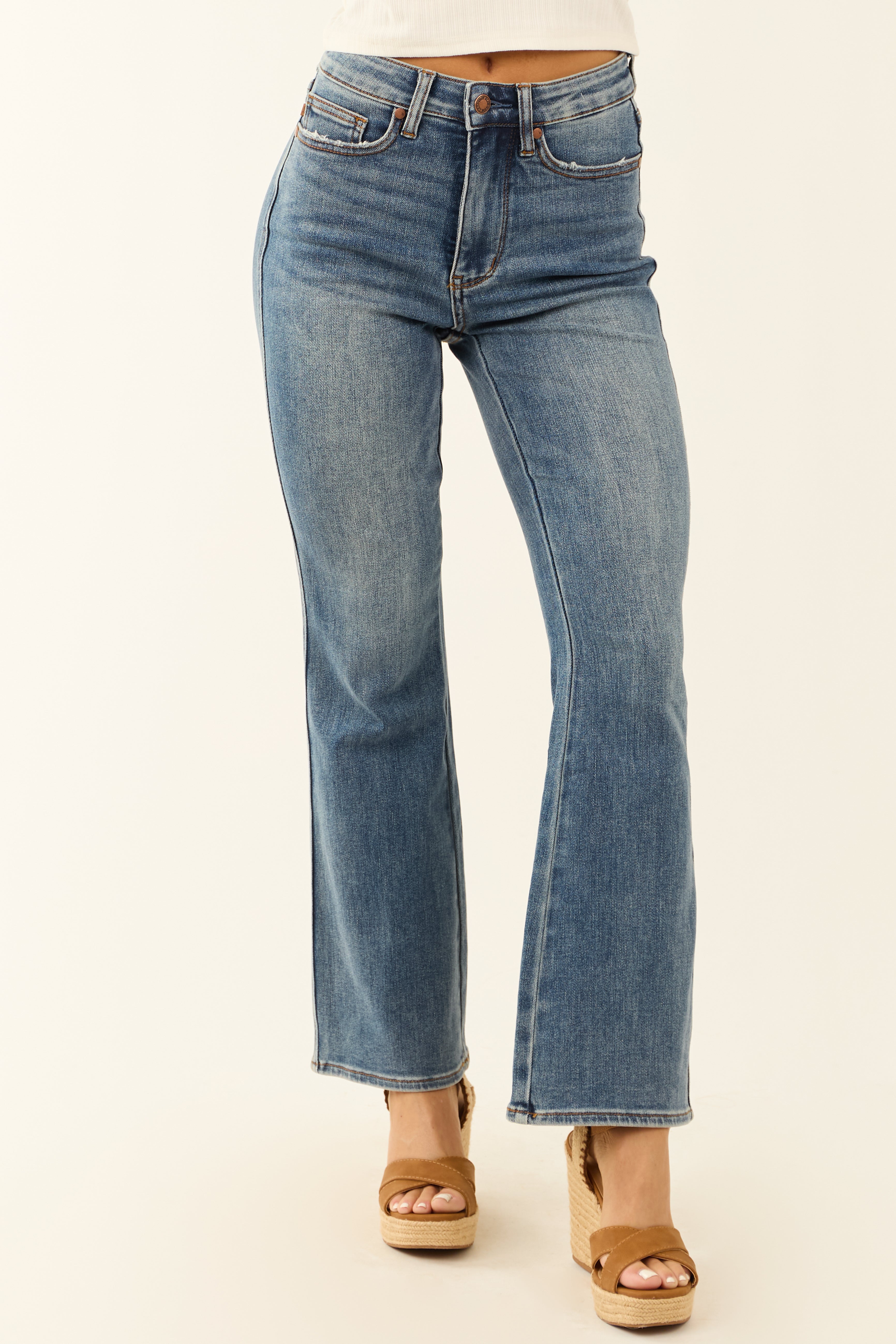 Medium Wash Bootcut Stretchy Jeans - Womens High Rise Denim Pants