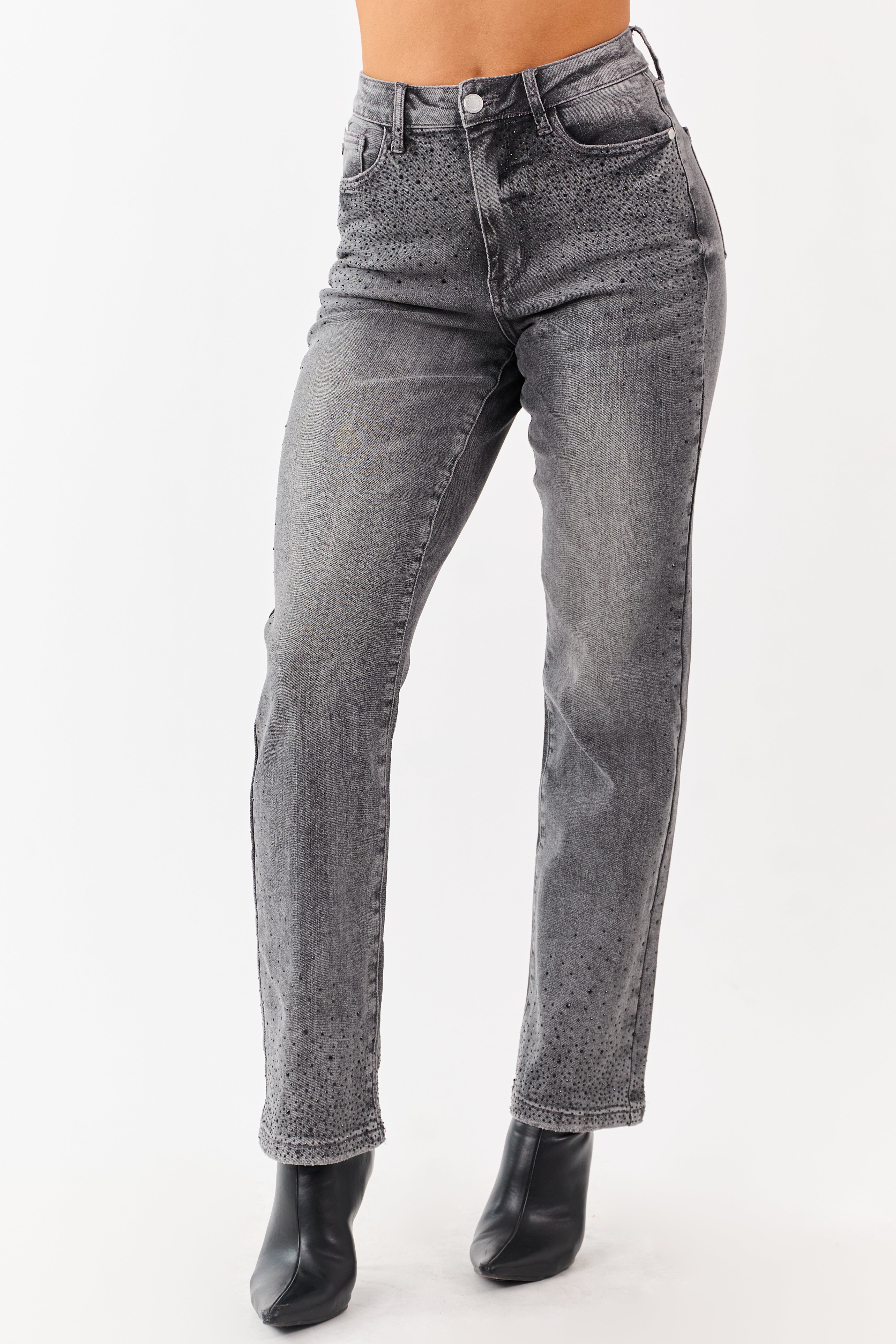 High Rise Black Straight Rhinestone Jeans