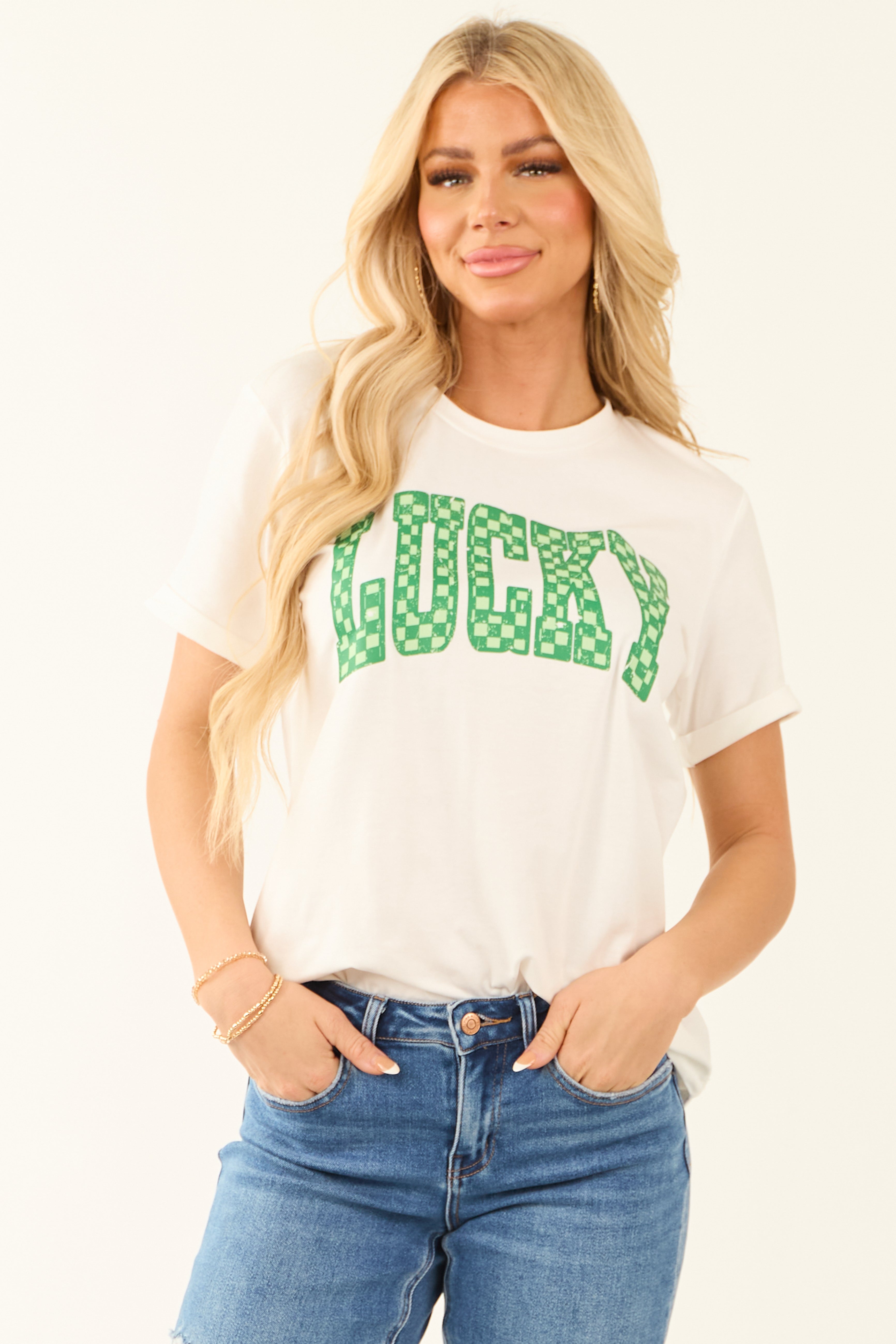 White Checkered Graphic Short Sleeve Top