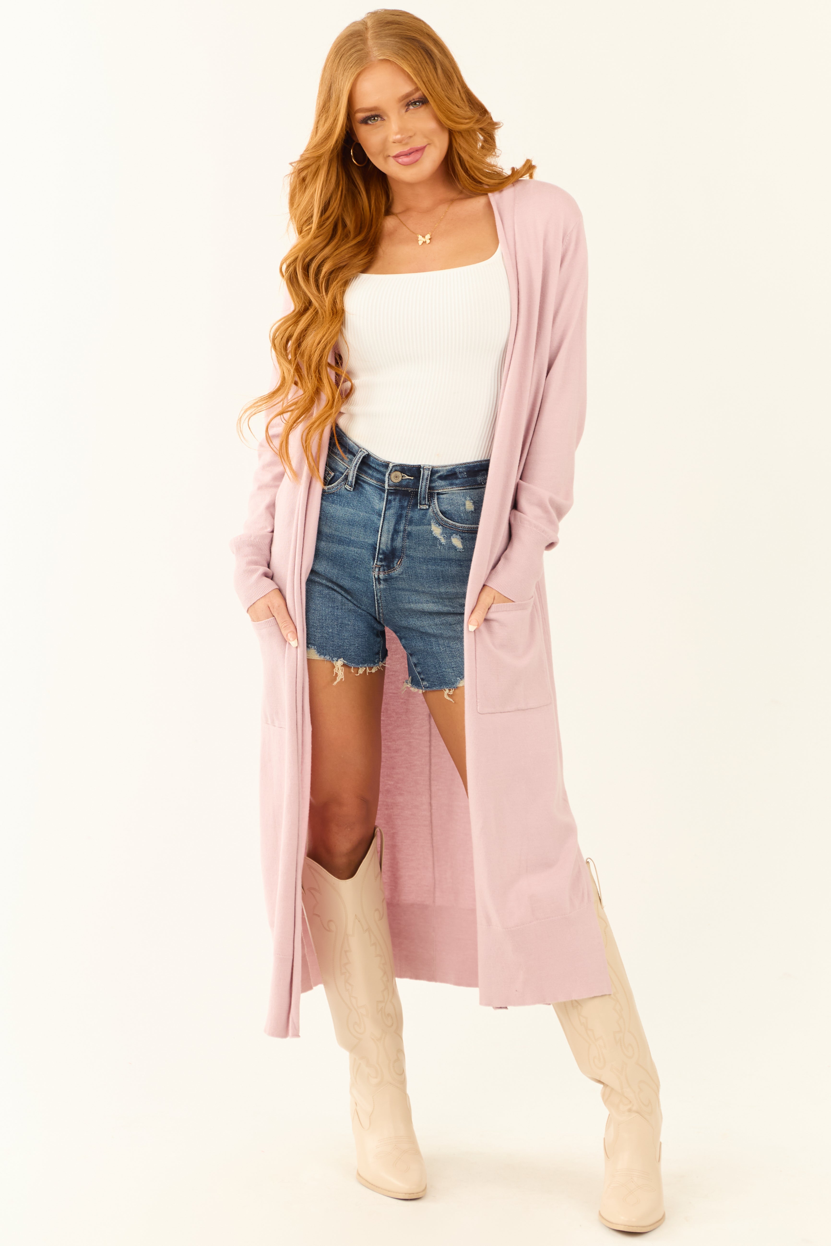 Mauve Knit Open Front Cardigan with Side Pockets