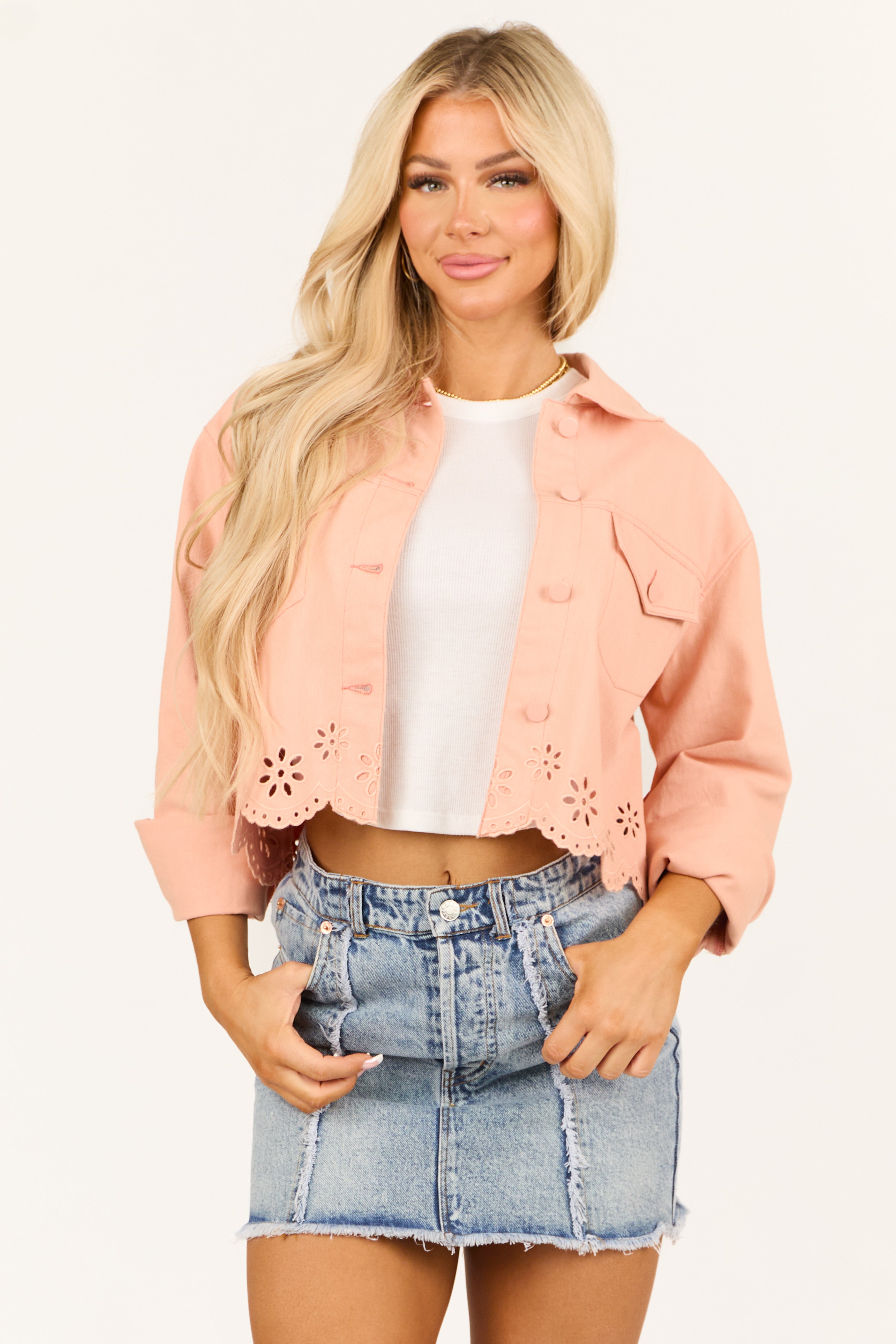 Scalloped Hemline Embroidered Denim Jacket in Light Peach