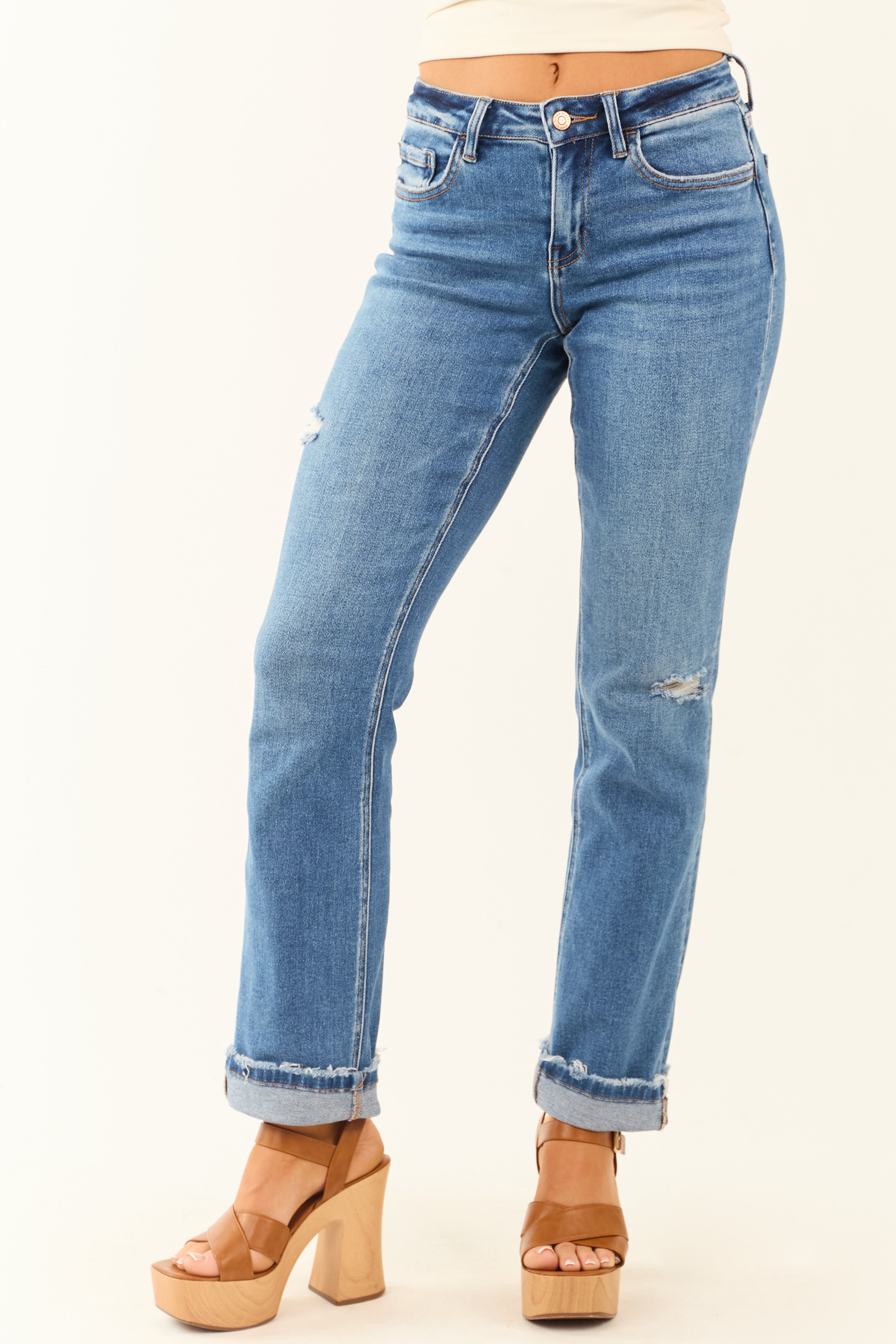 Medium Wash Slim Straight Tall-Length Stretchy Denim Jeans