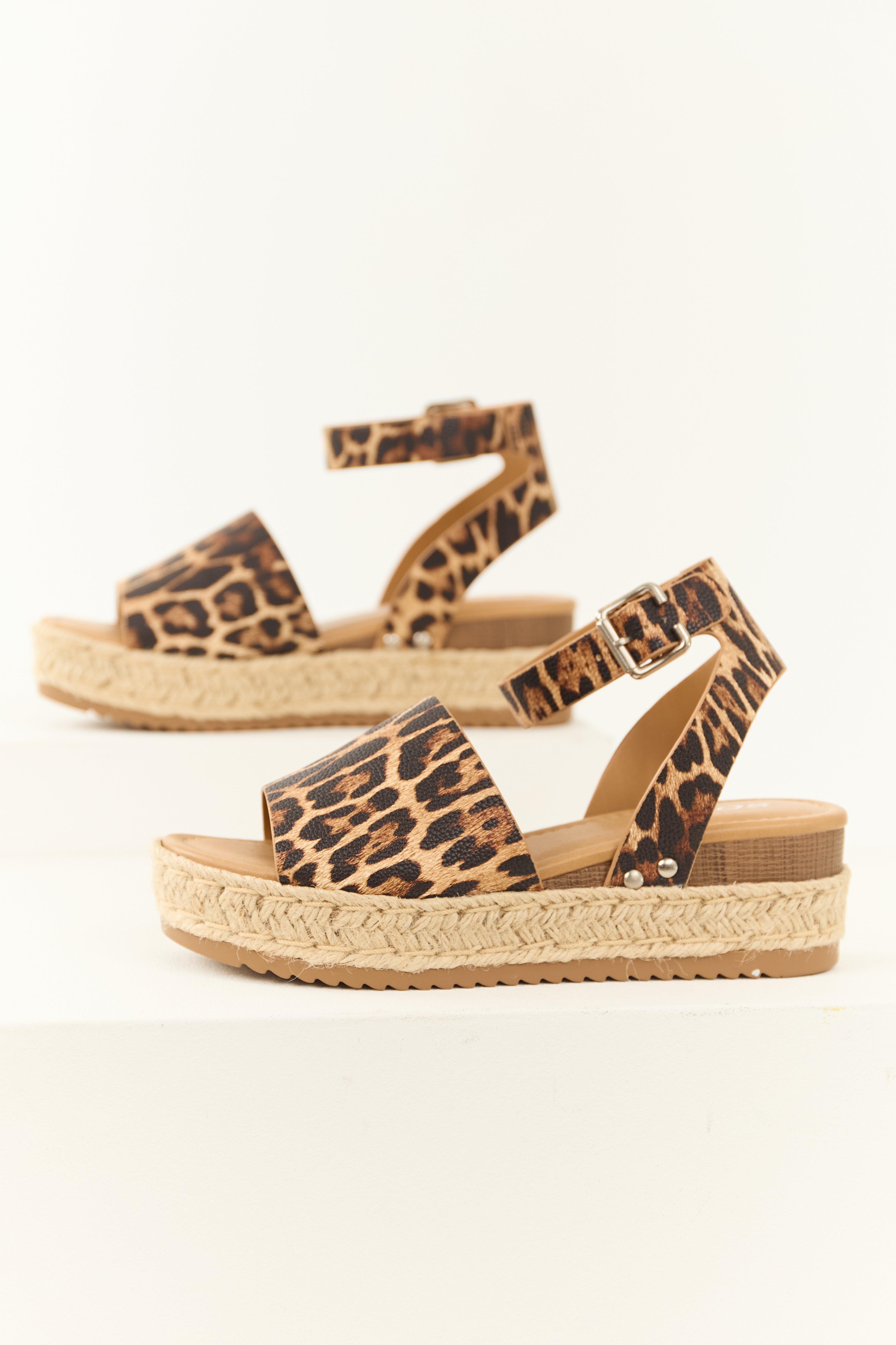 Leopard Faux Leather Platform Sandals - Adjustable Ankle Strap