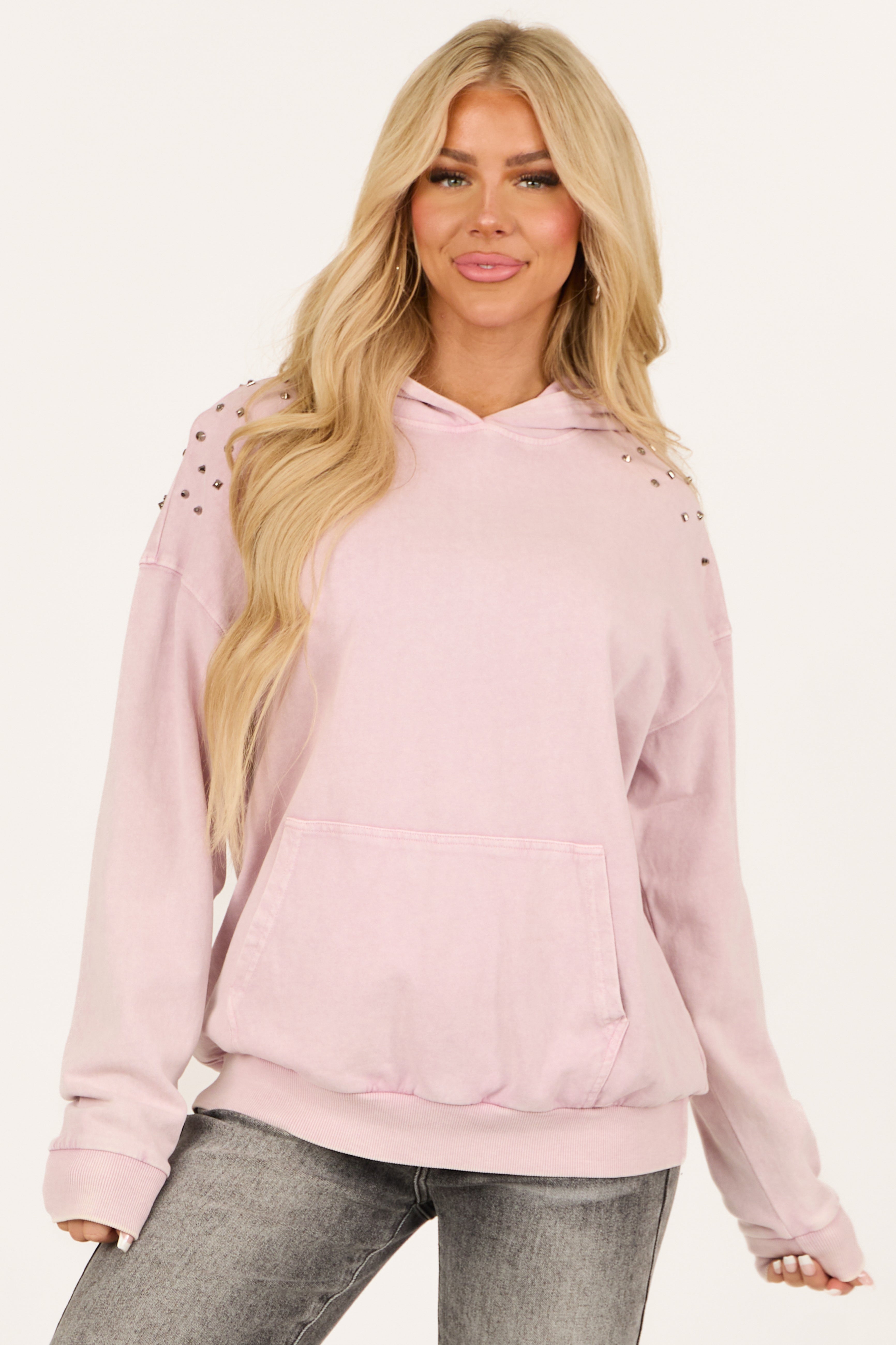 Pink Stud Detail Hoodie with Ribbed Trim