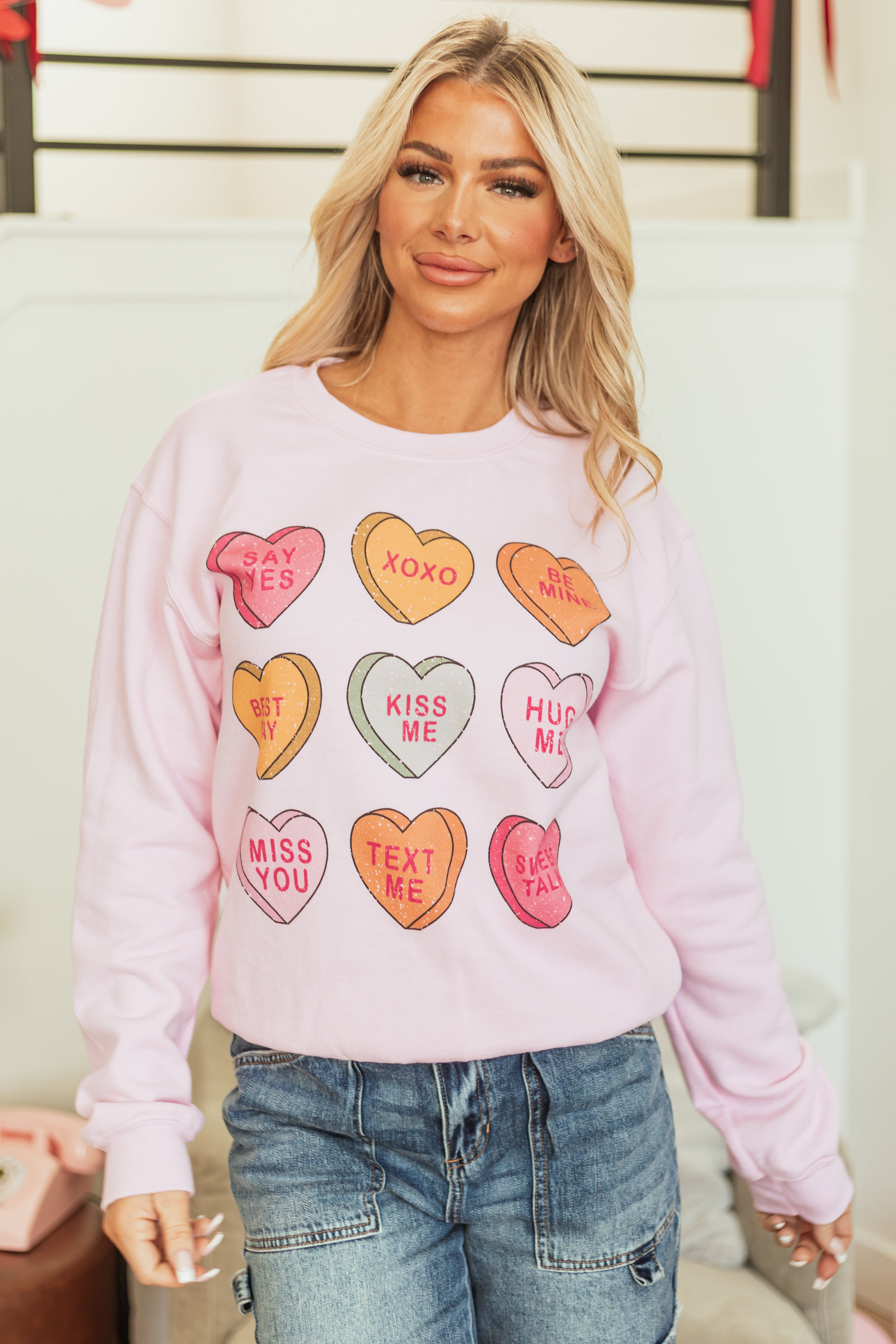 Candy Hearts Graphic Crewneck Sweatshirt in Baby Pink