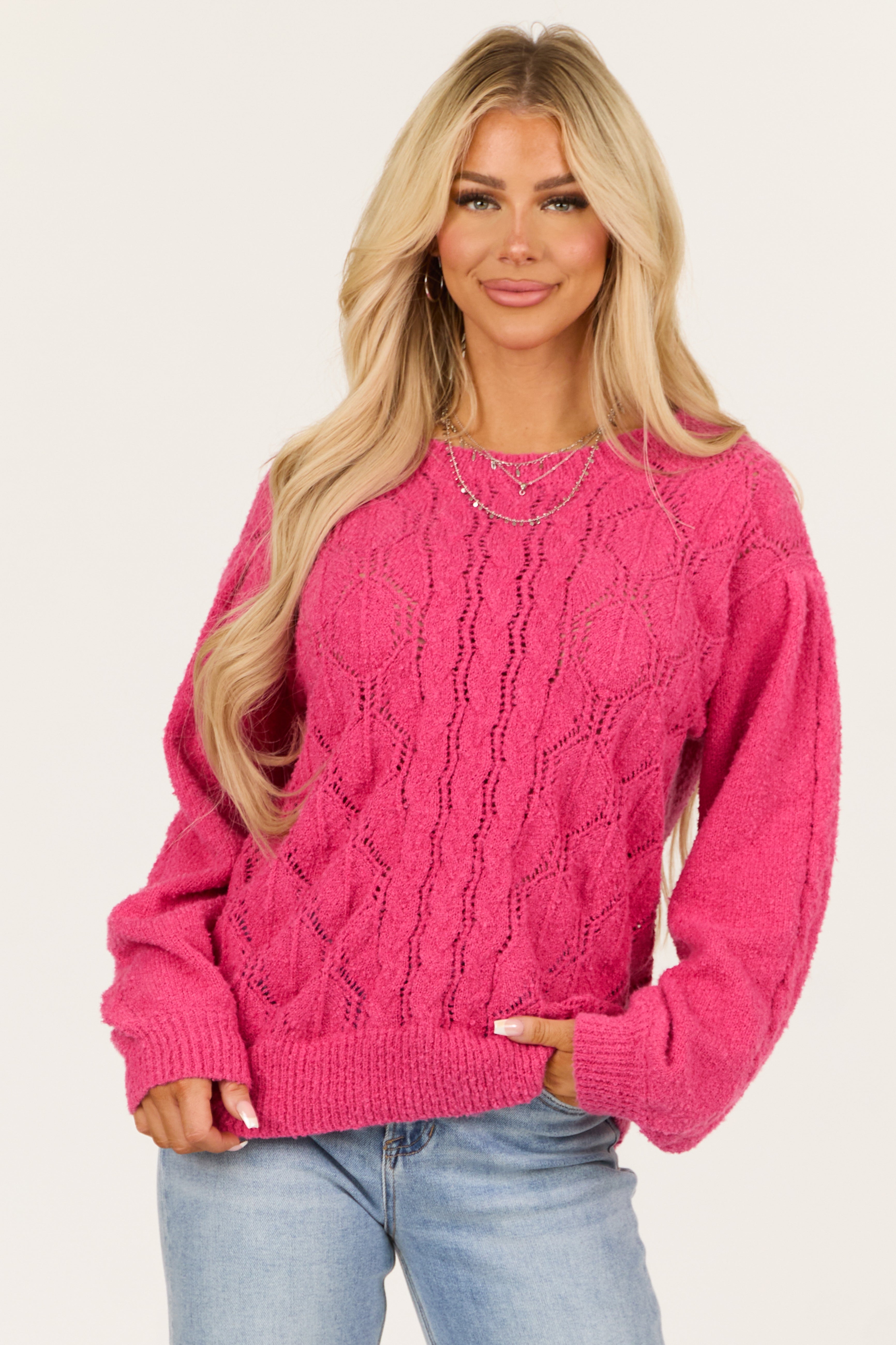 Pink Cable Knit Crew Neck Sweater