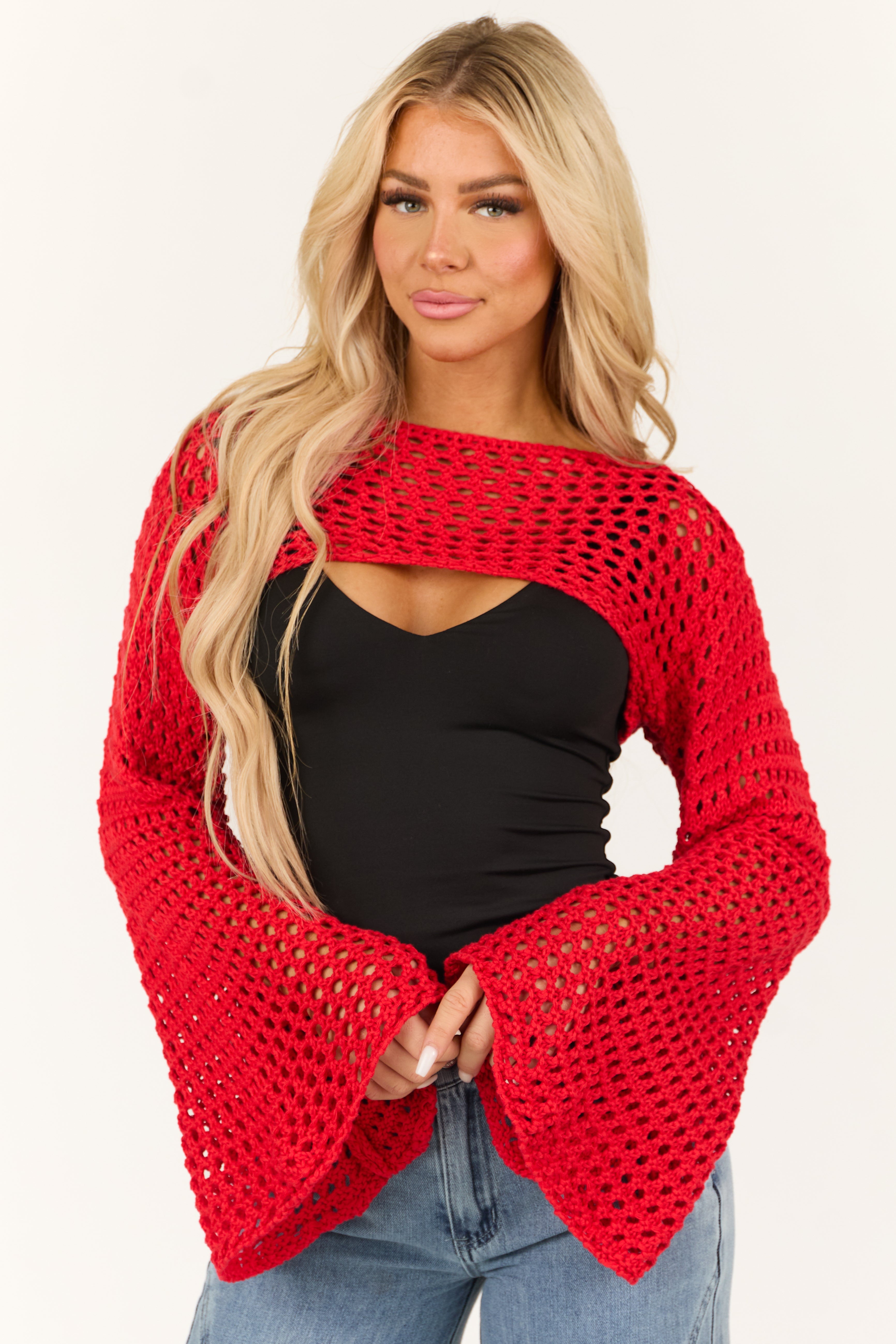 Red Crochet Knit Sweater Shrug