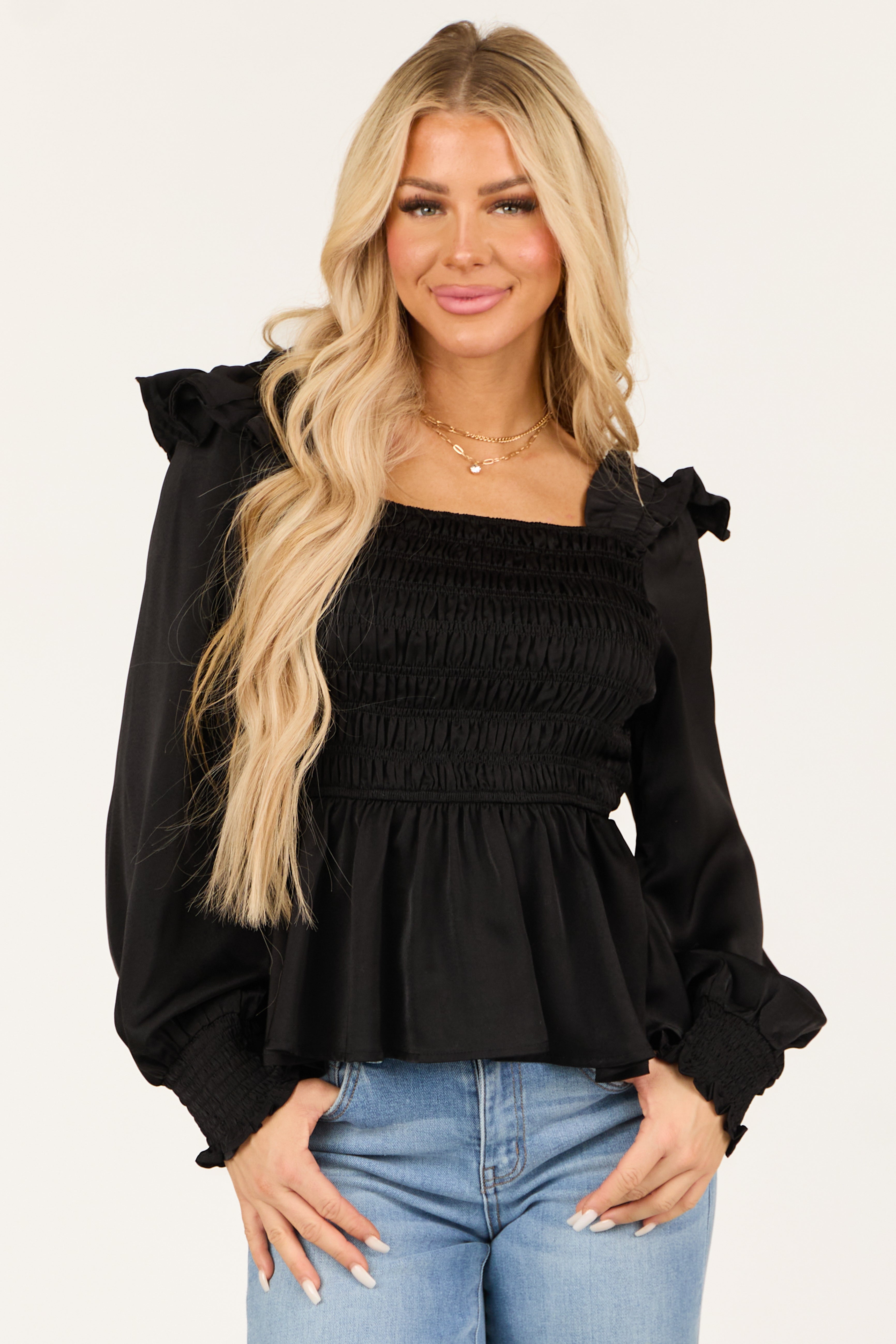 Black Satin Smocked Square Neck Peplum Blouse