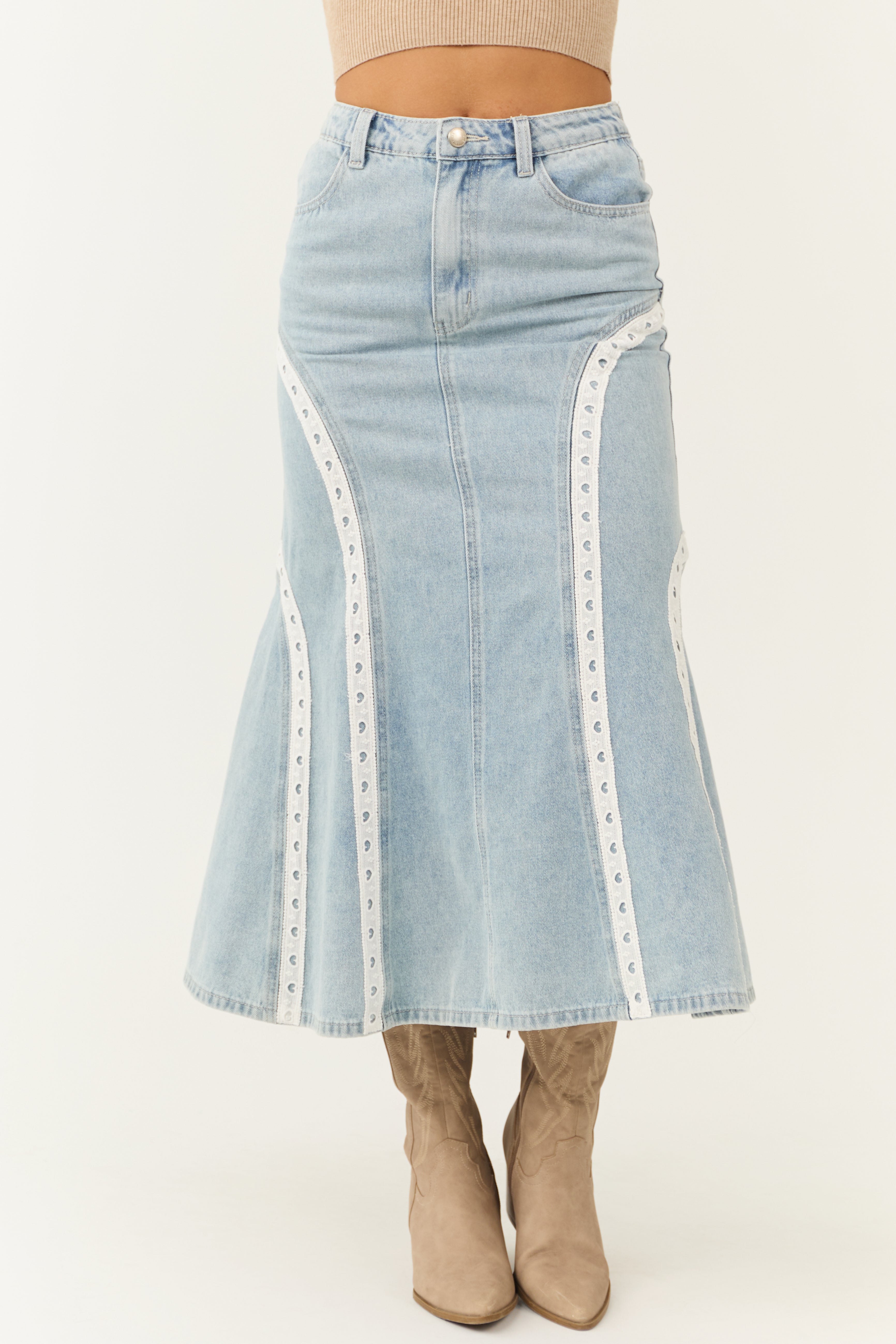Denim Lace Trim Flare Midi Skirt
