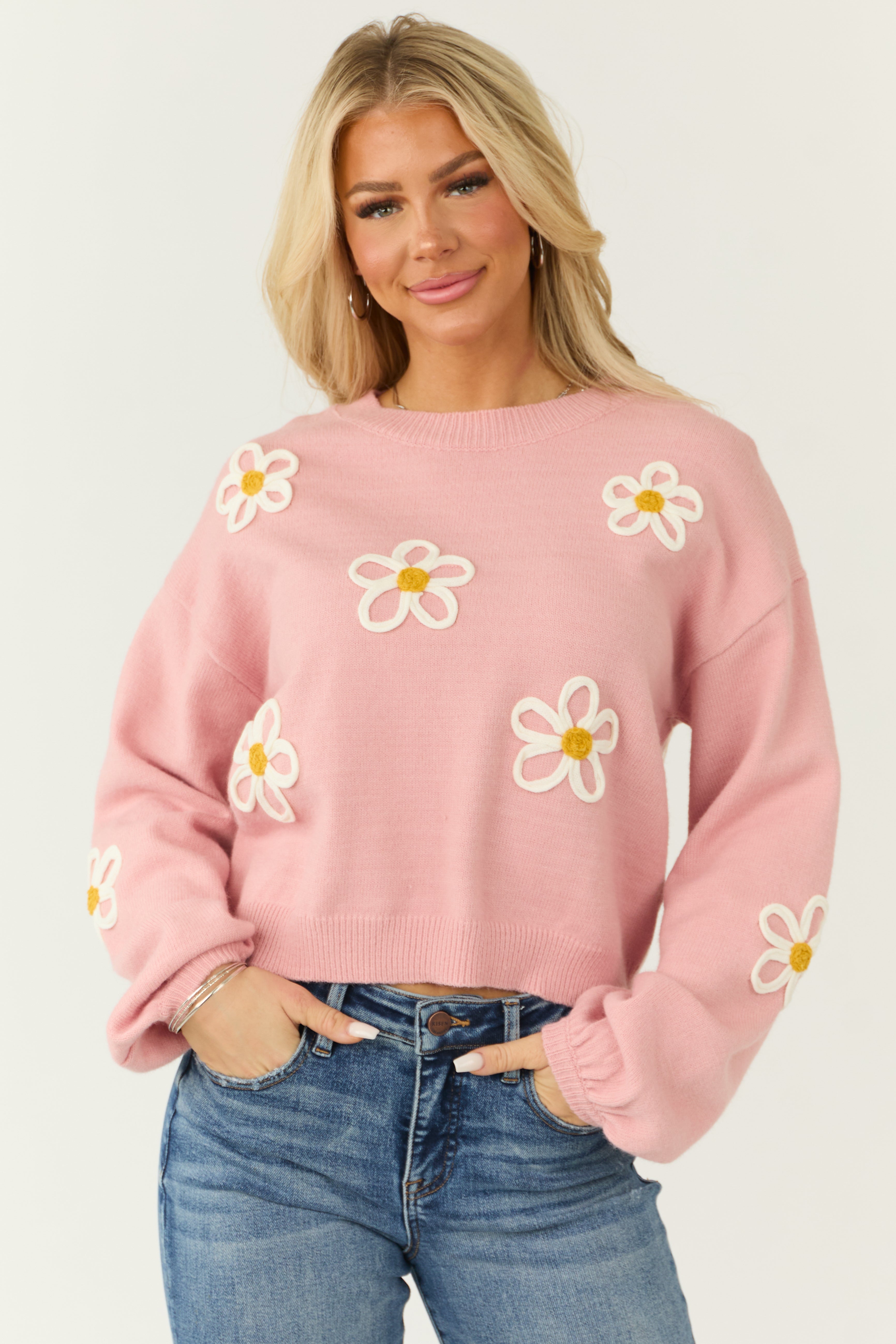 Floral Embroidered Puff Sleeve Sweater in Carnation Color