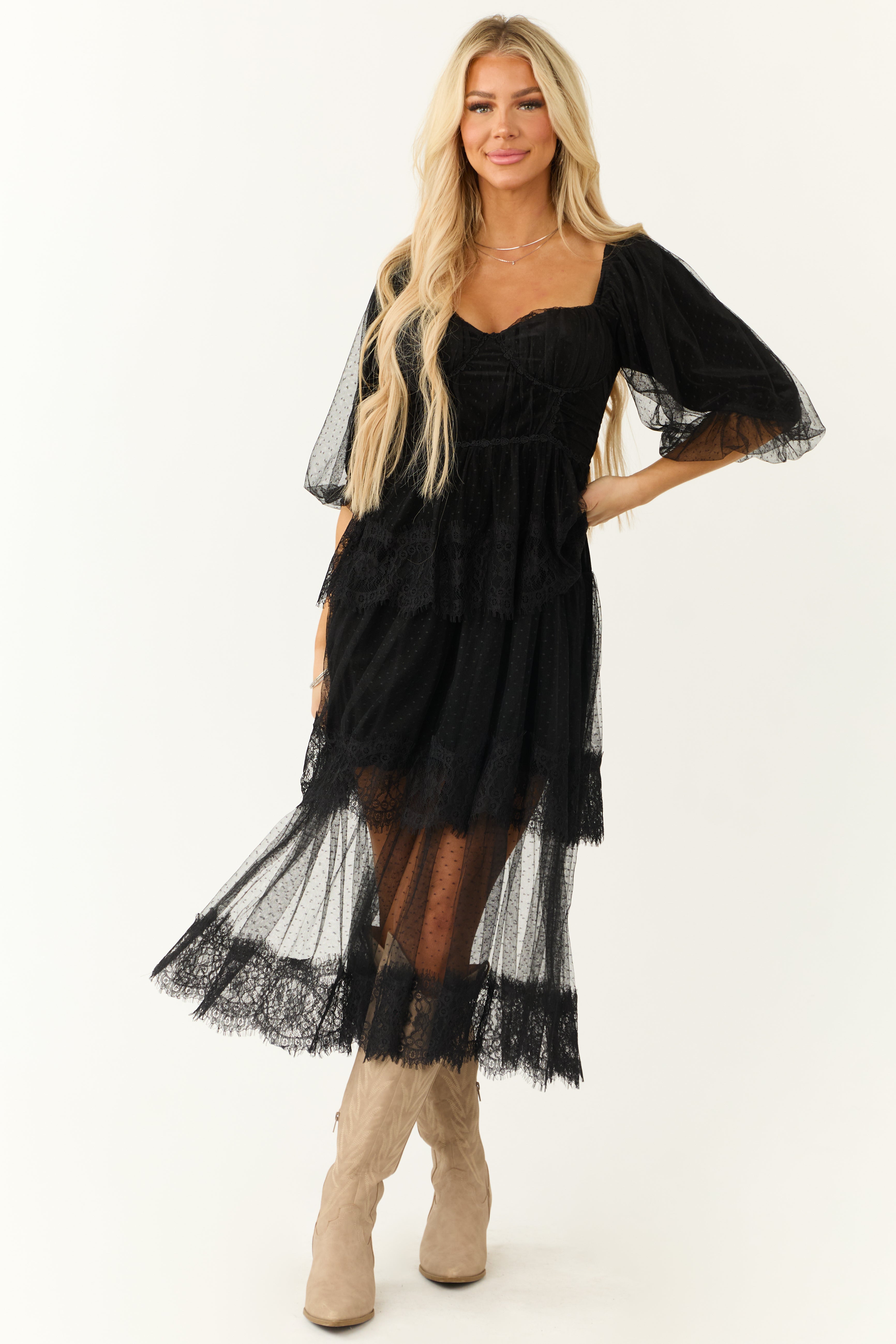 Black Lace Mesh Tiered Midi Dress