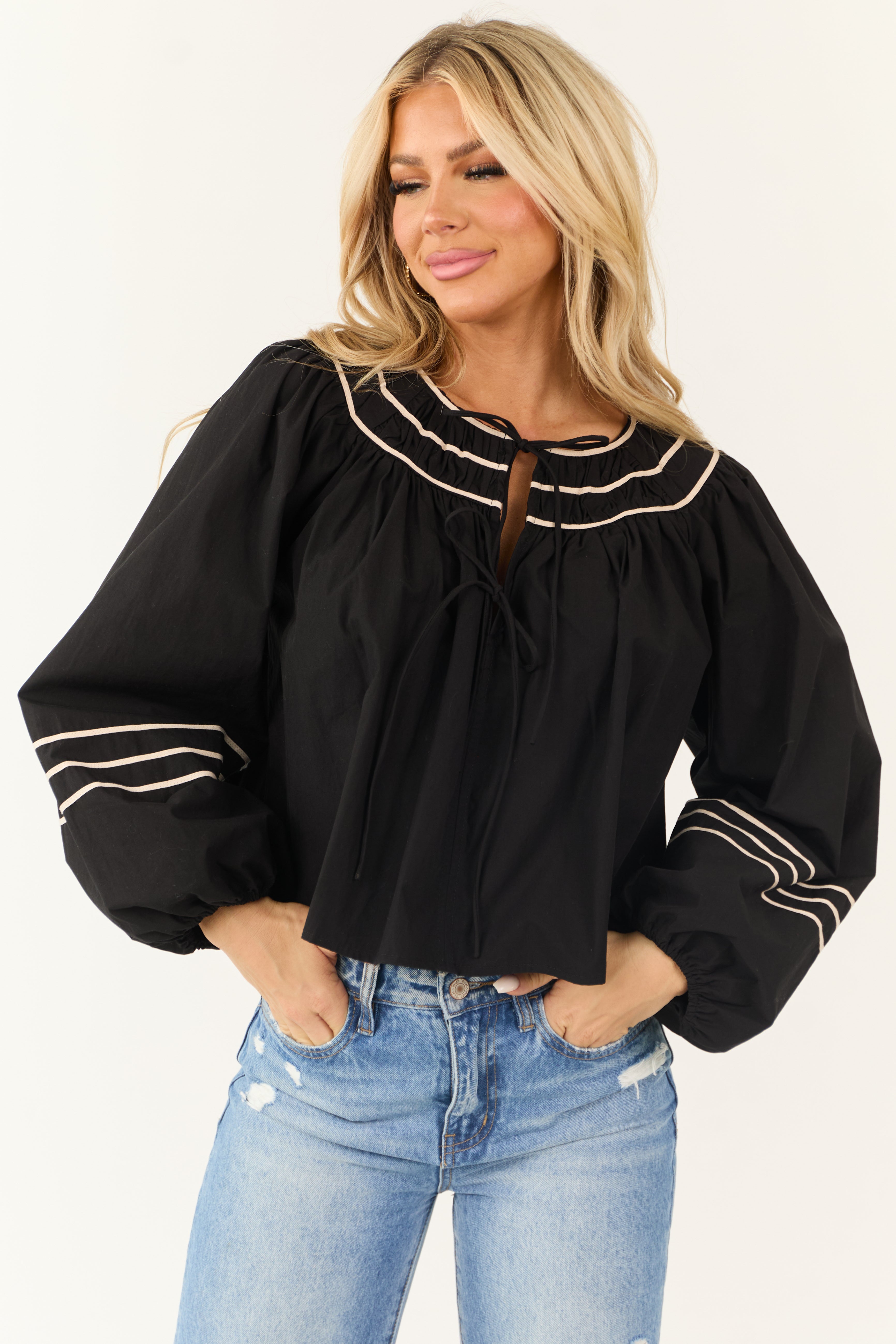 Stylish Black Tie Front Long Sleeve Top