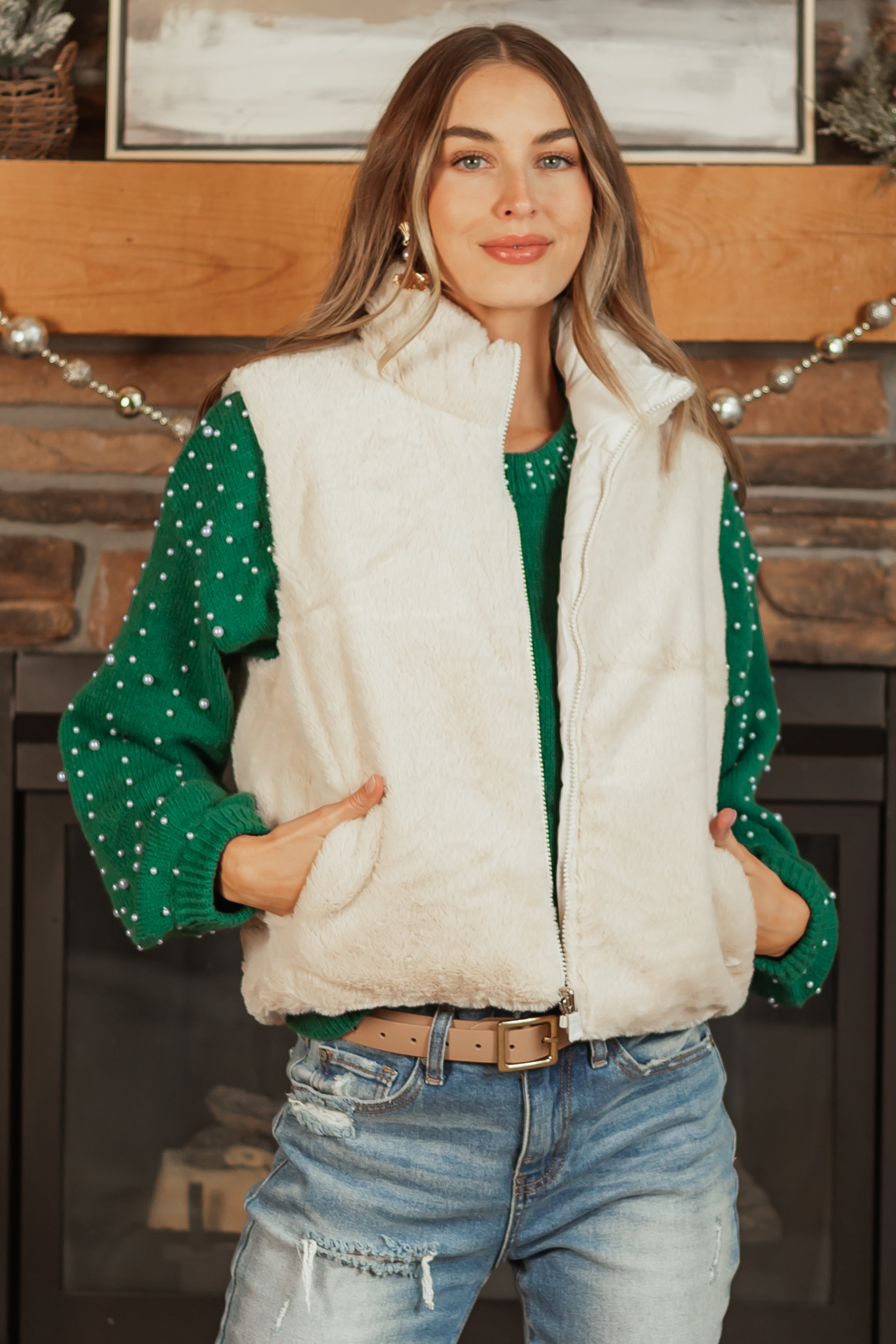 Champagne Quilted Faux Fur Zip Up Vest