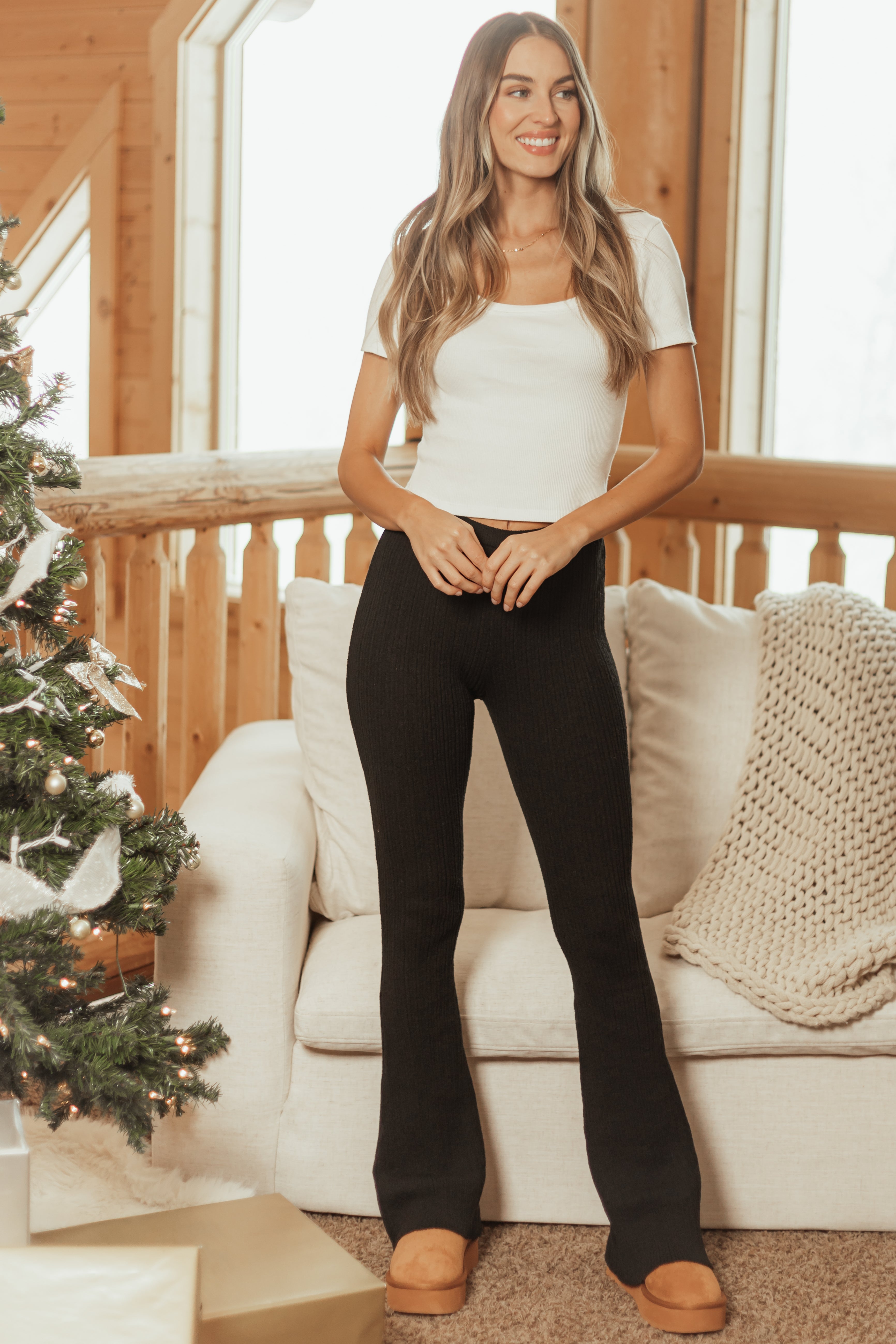 Black Ribbed Knit Flare Pants High Waisted Elastic Waistband