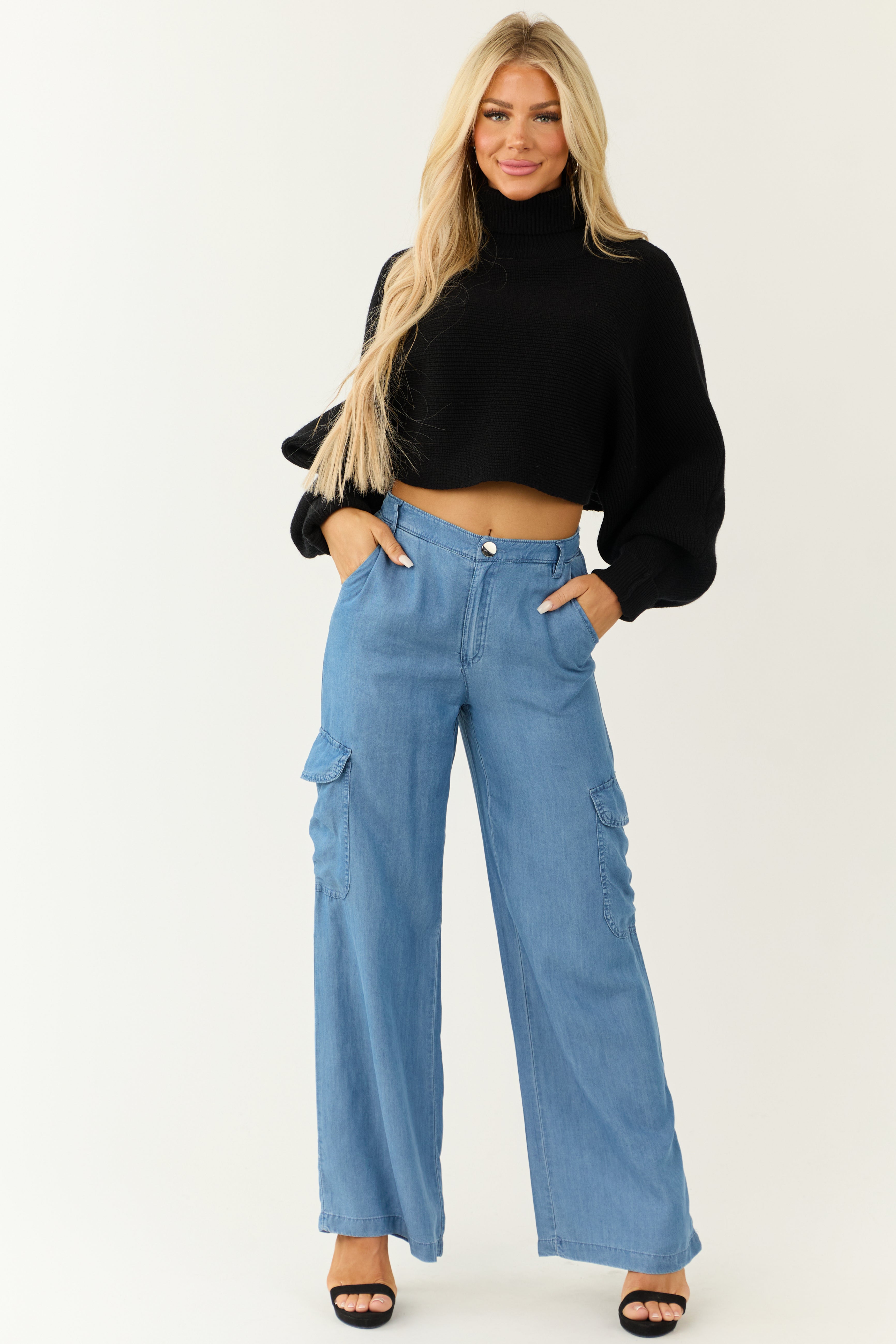 Blue Wide Leg Cargo Pants