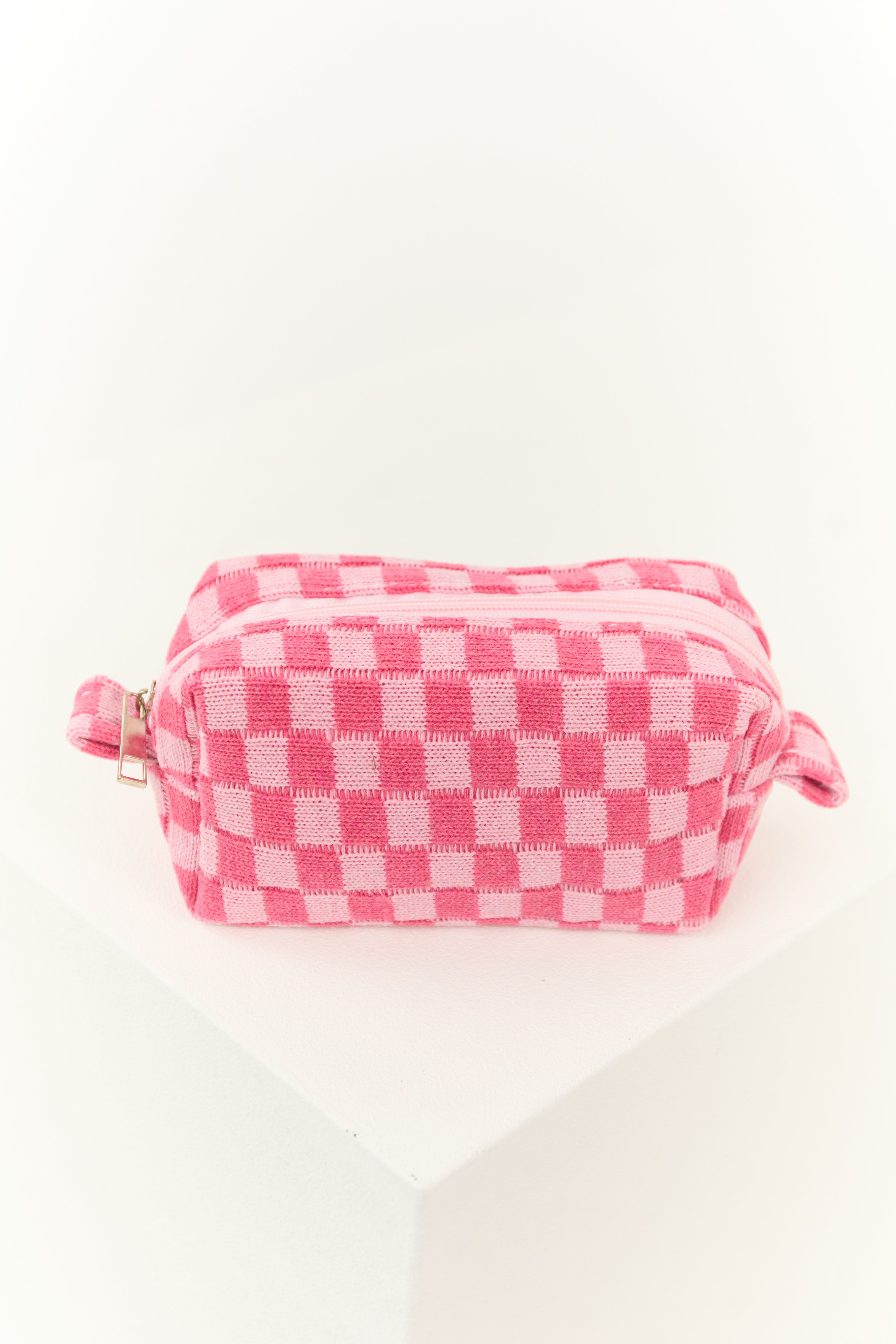 Checkered Baby Pink Makeup Travel Bag