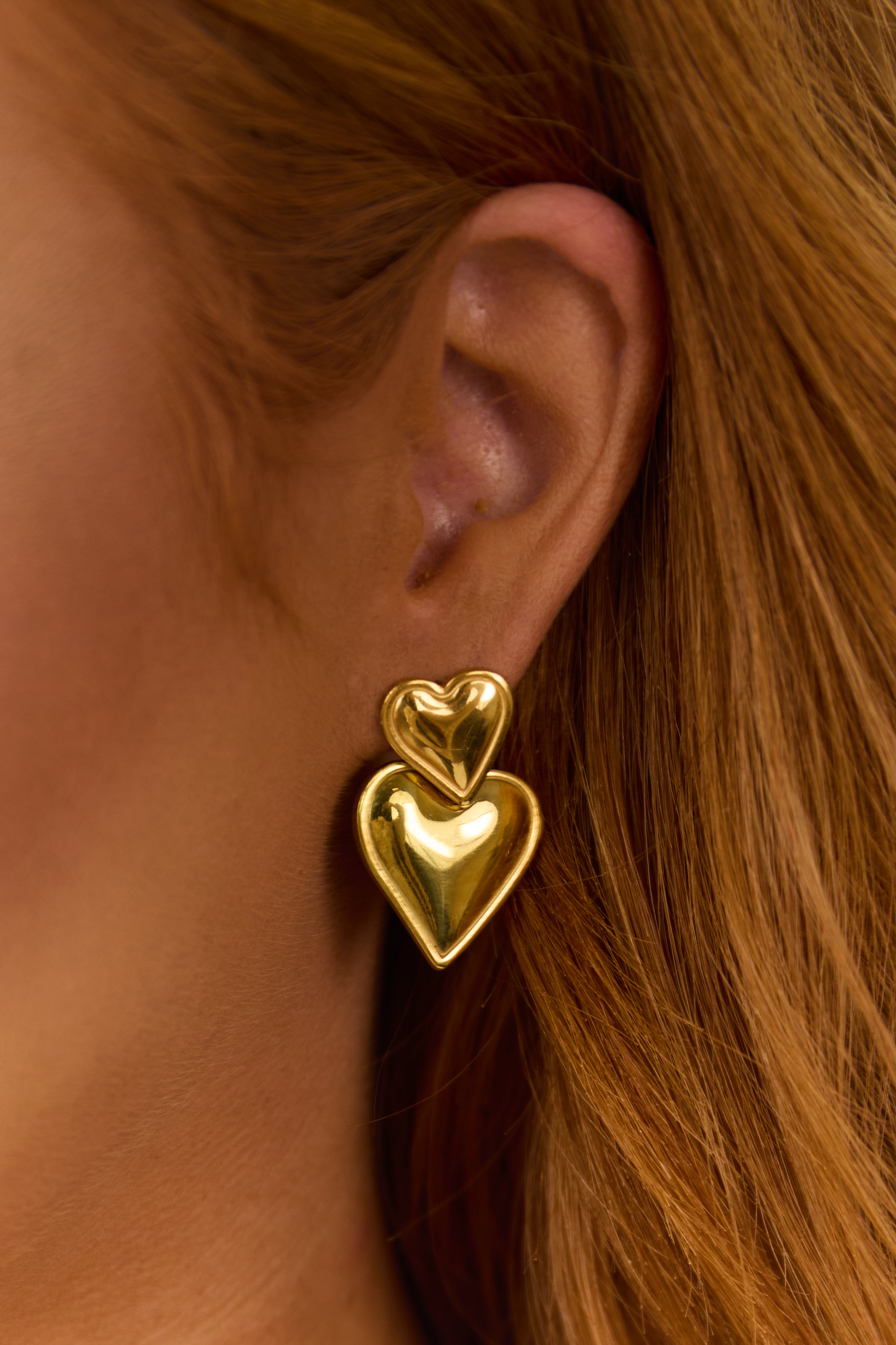 Gold Heart Drop Earrings - Stainless Steel Jewelry
