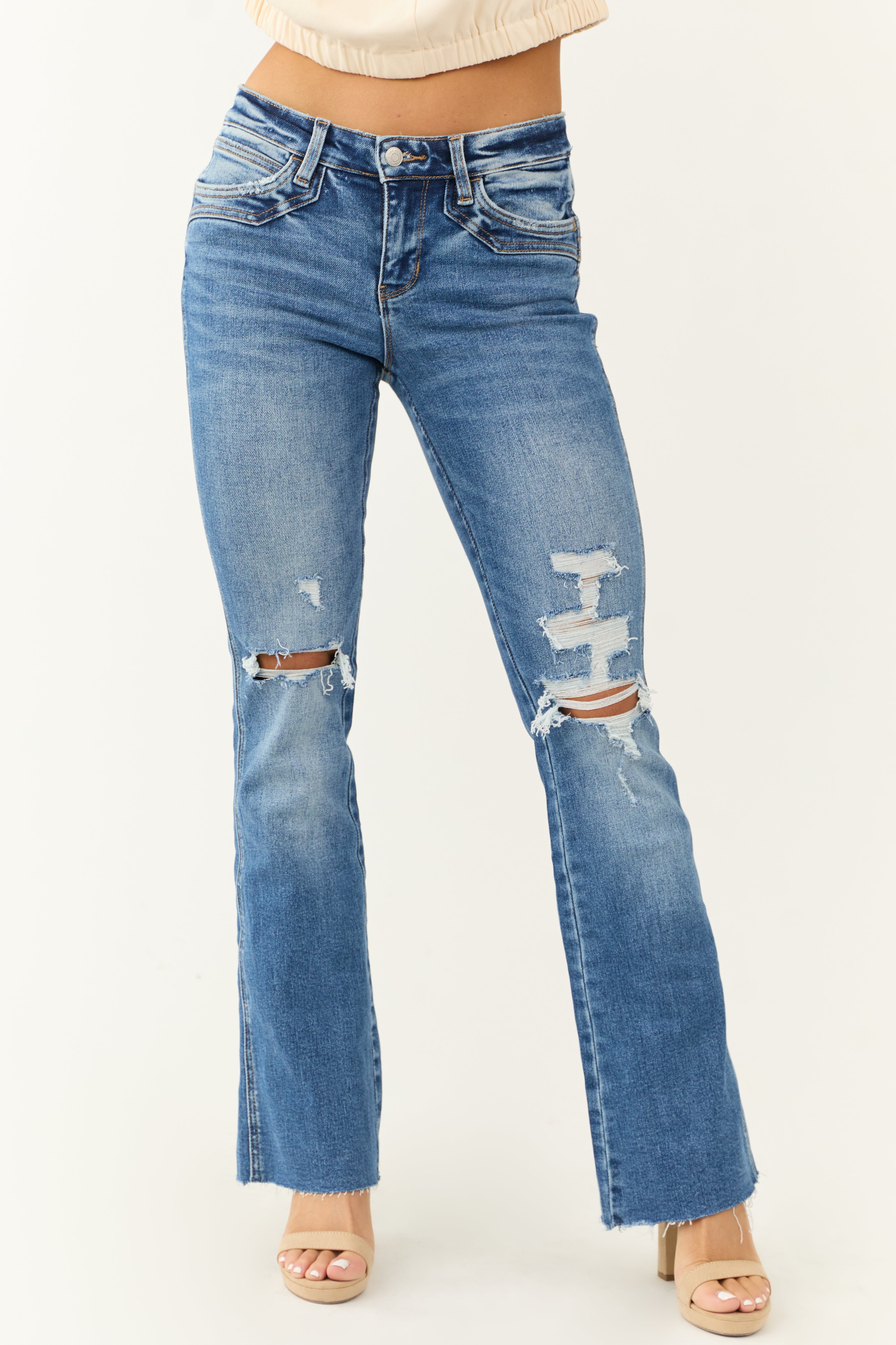 Medium Wash Bootcut Jeans with Raw Hem