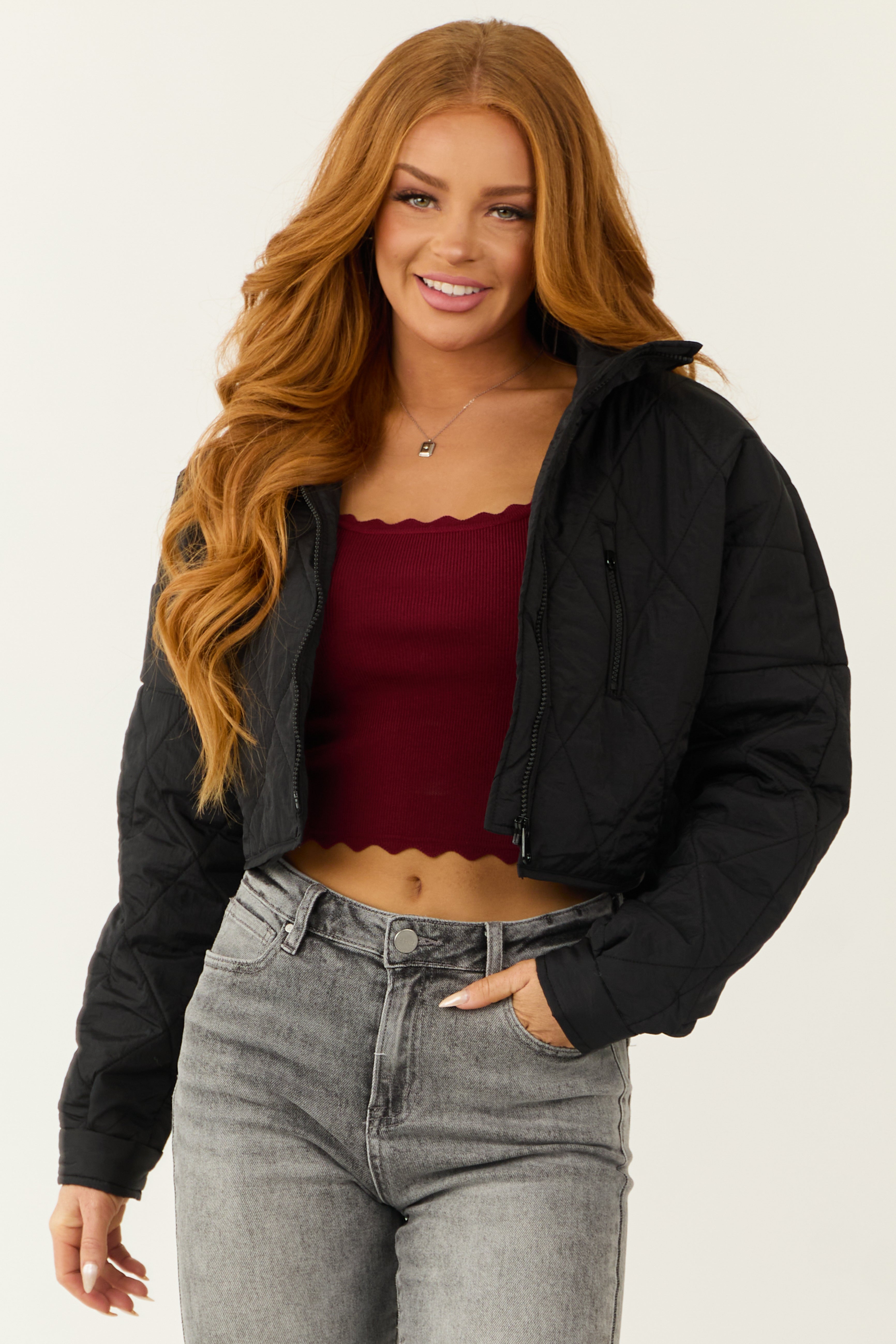 Quilted Cropped Winter Jacket in Black - Drop Shoulder Style