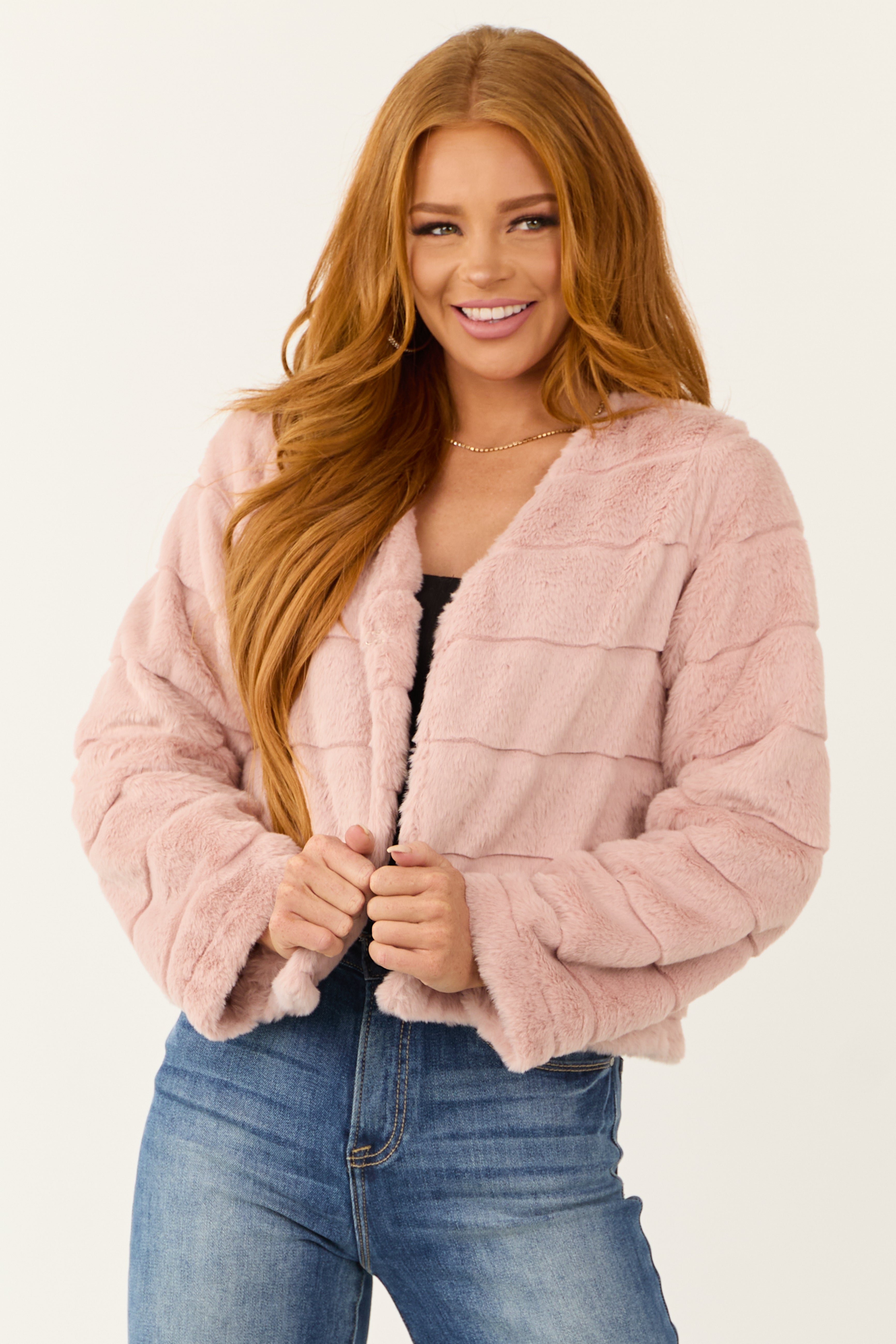 Pink Faux Fur V-Neck Winter Jacket