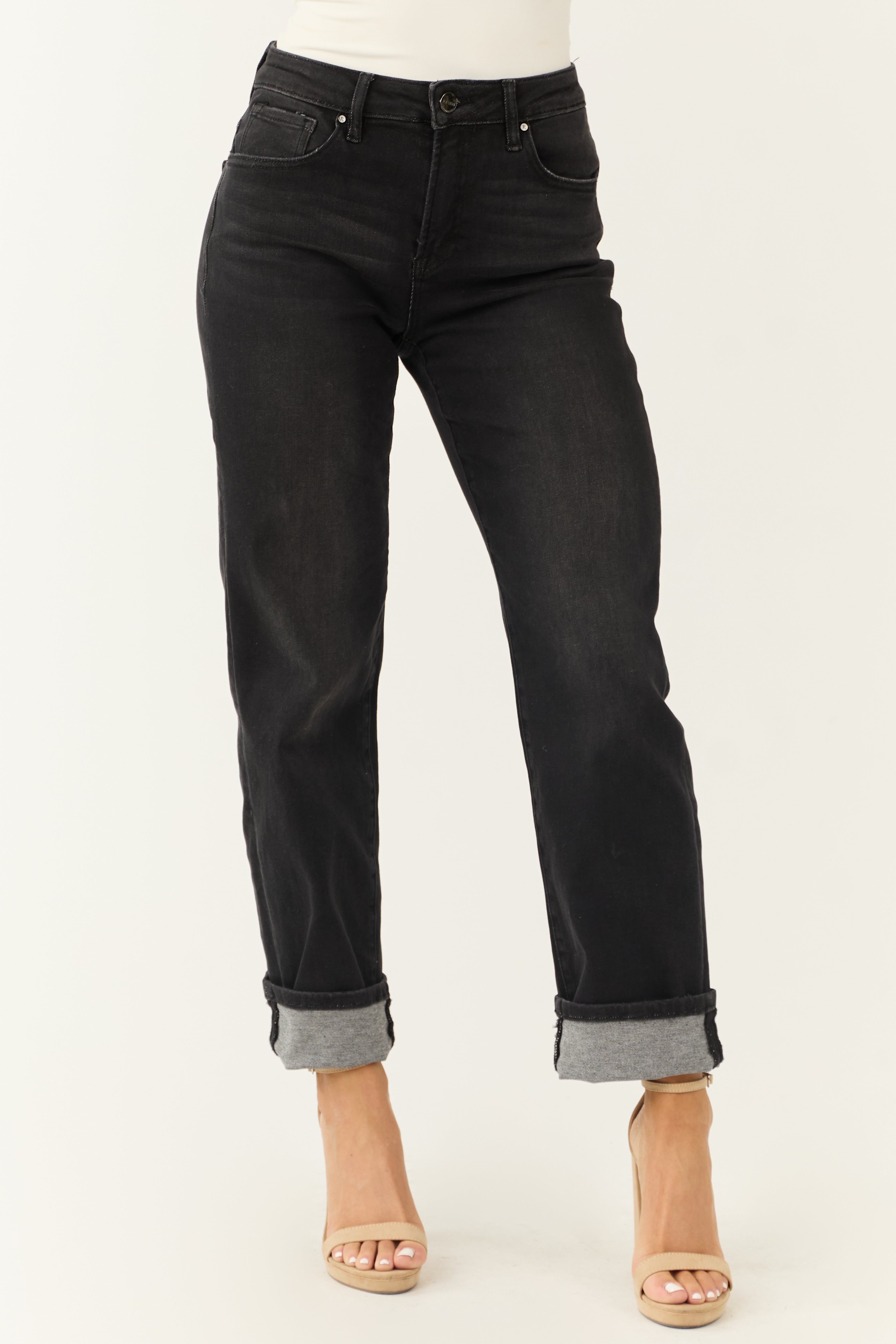 Black Stretch Denim High Rise Cuffed Boyfriend Jeans