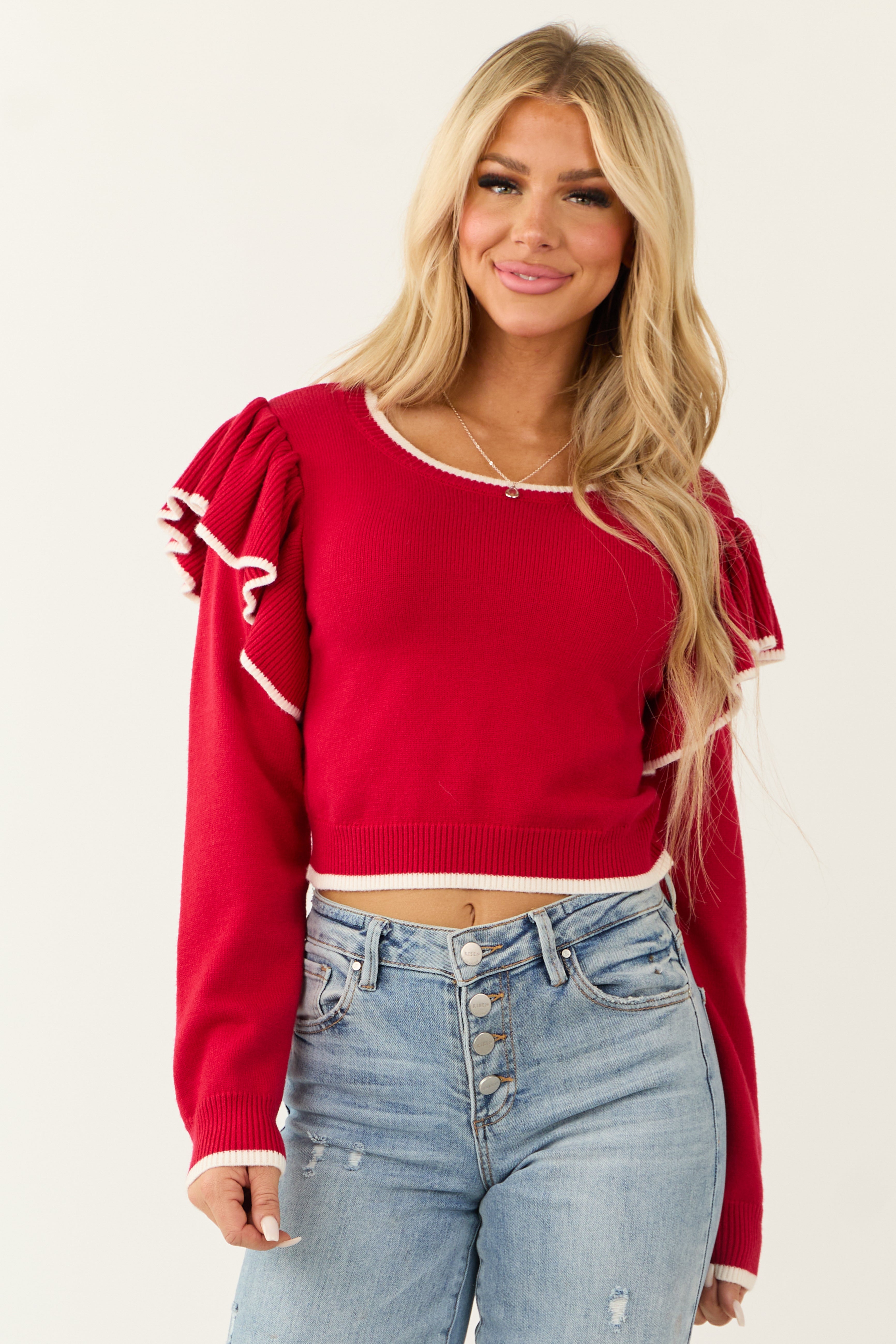 Ivory Ruffled Shoulder Sweater