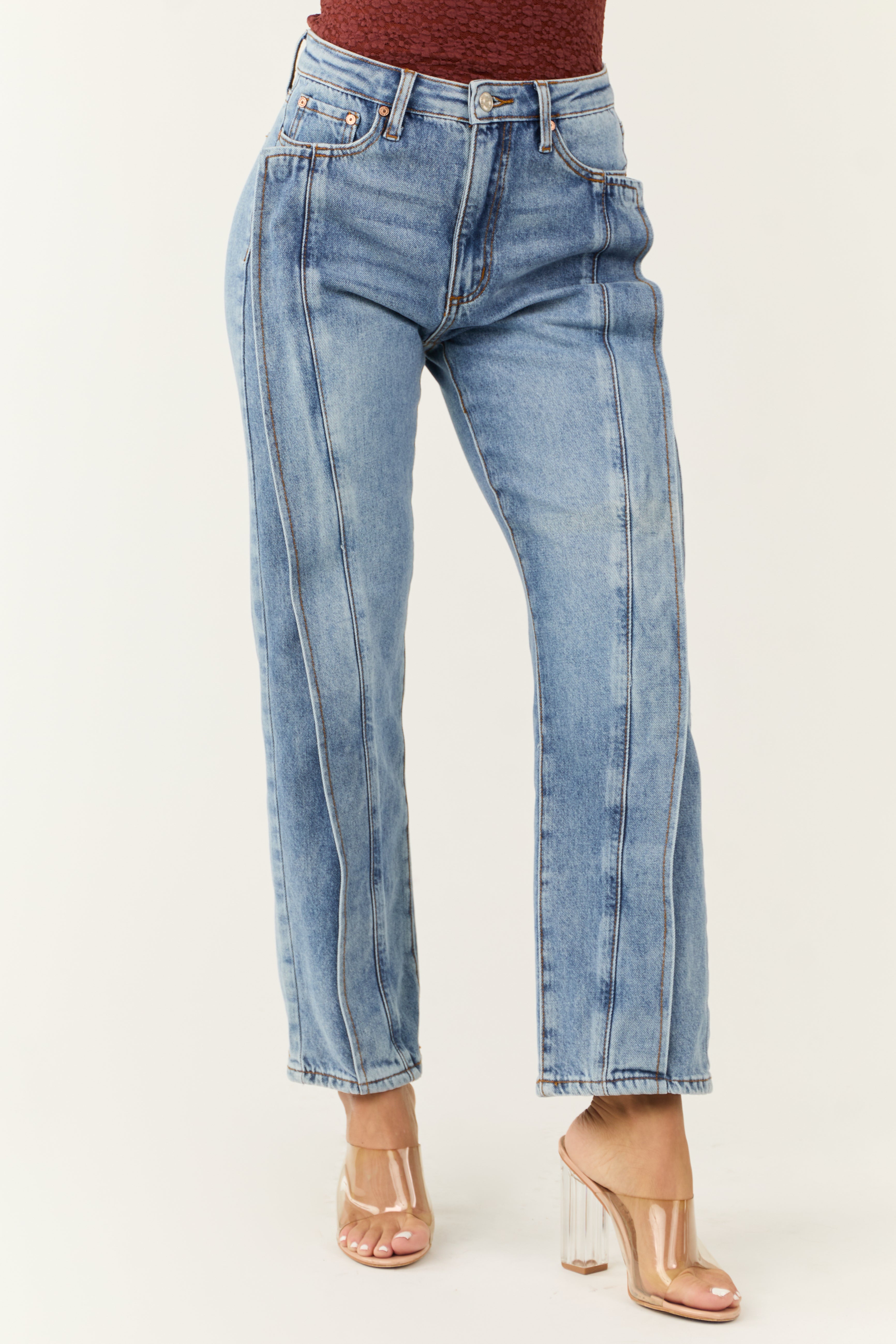 Medium Wash High Rise Straight Jeans 7/8 Distressed Fit