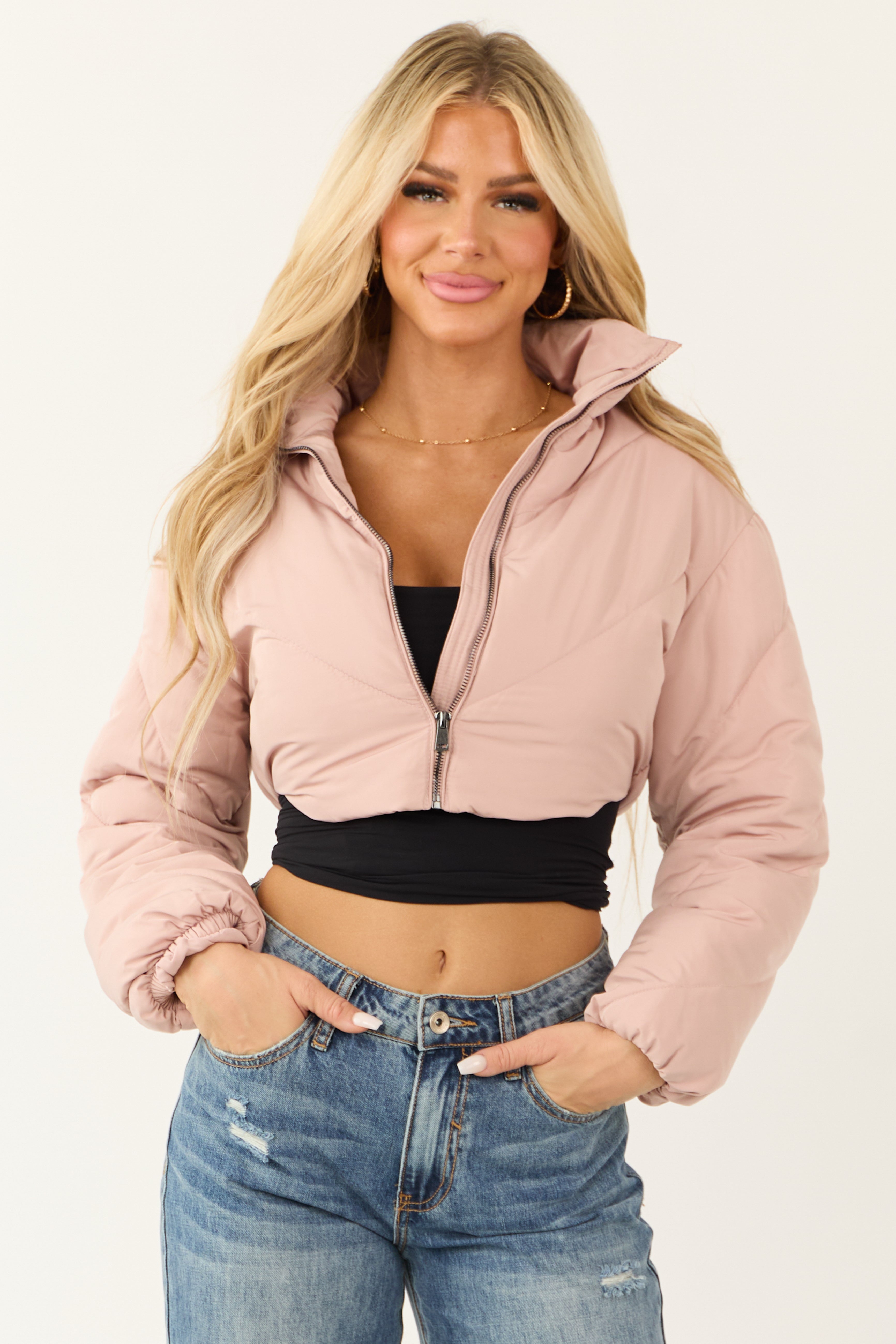 Pink Zip Up Puffer Jacket - Stylish Winter Outerwear