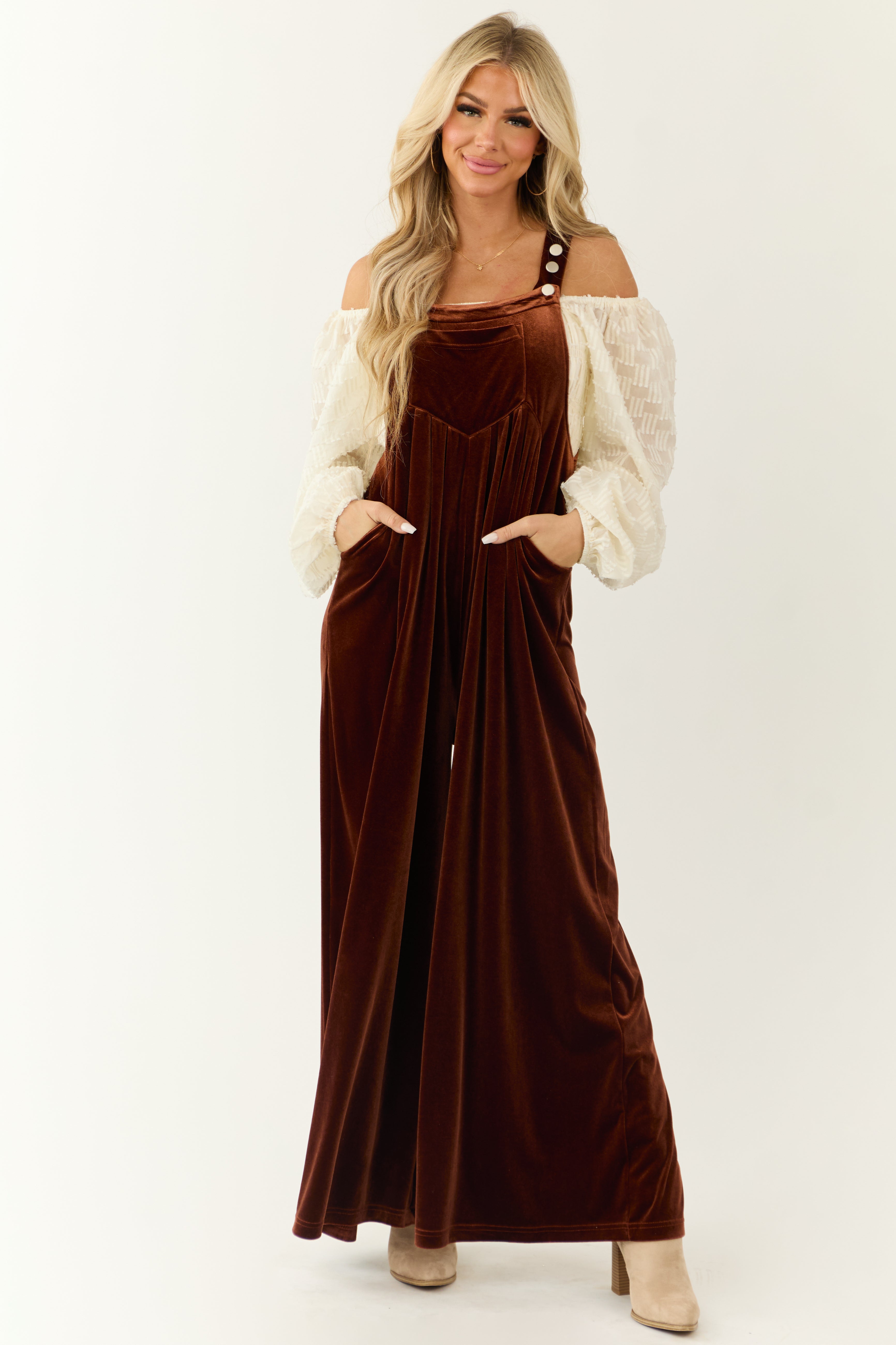 Brown Velvet Wide Leg Jumpsuit