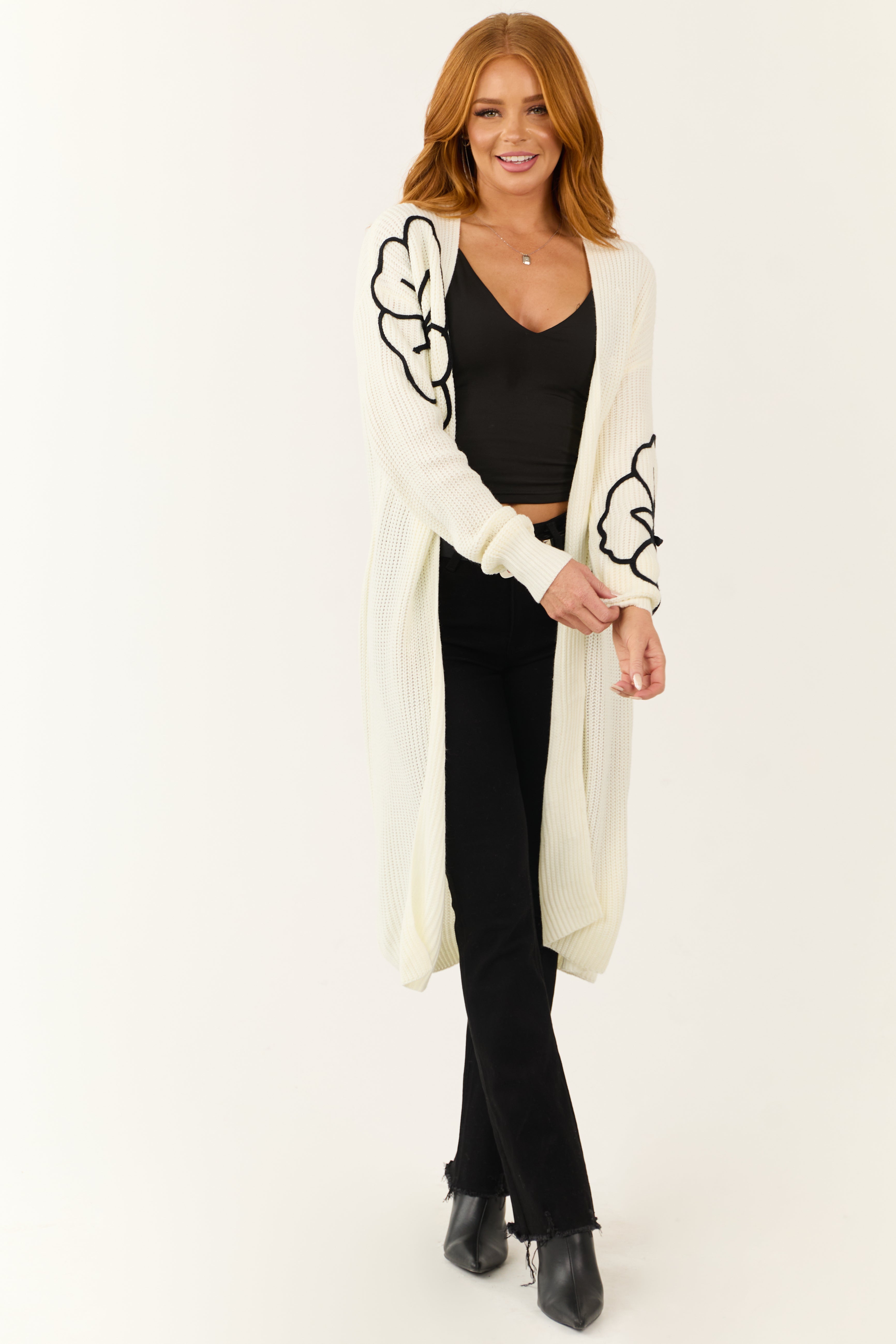 White Floral Knit Open Front Cardigan