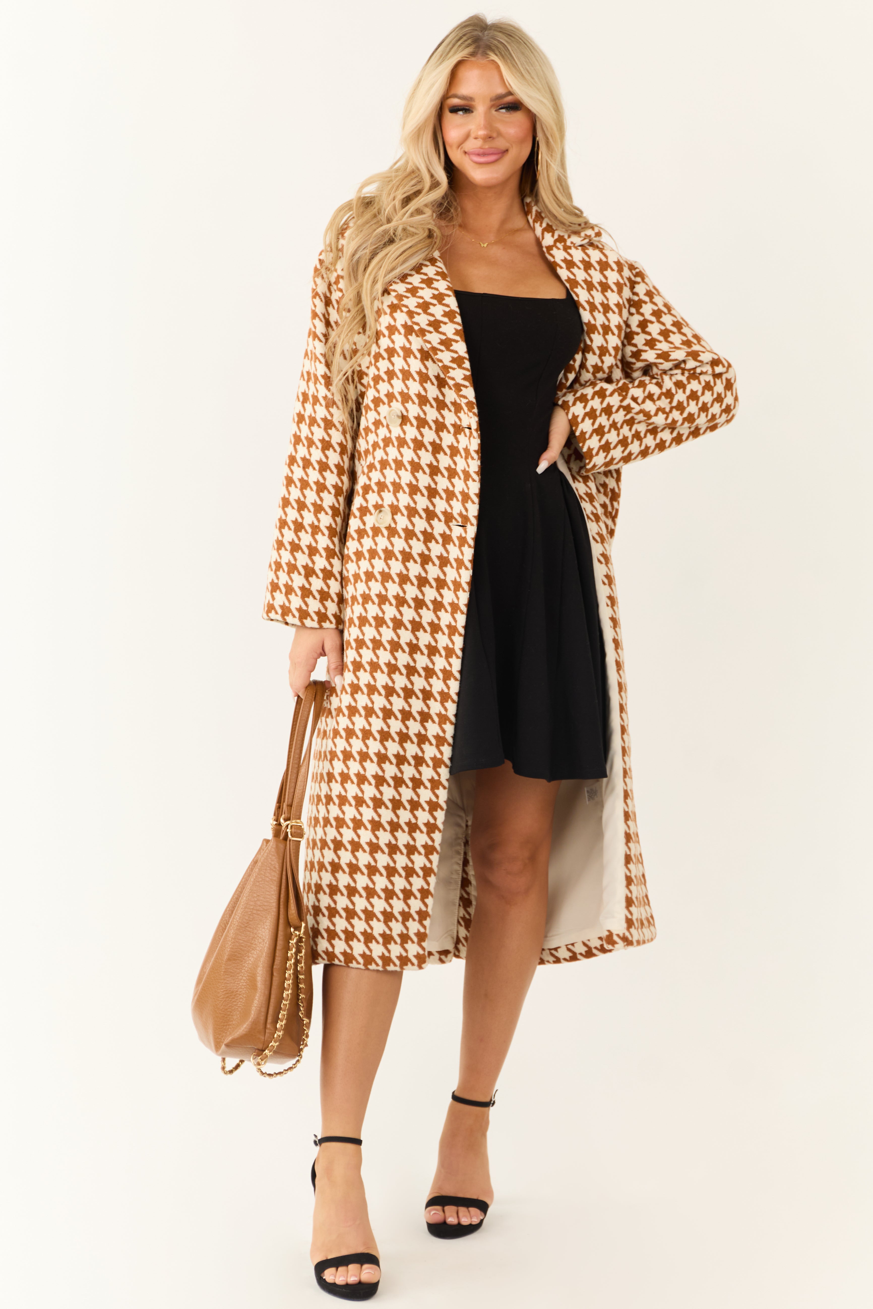 Brown Houndstooth Trench Coat with Double-Breasted Buttons