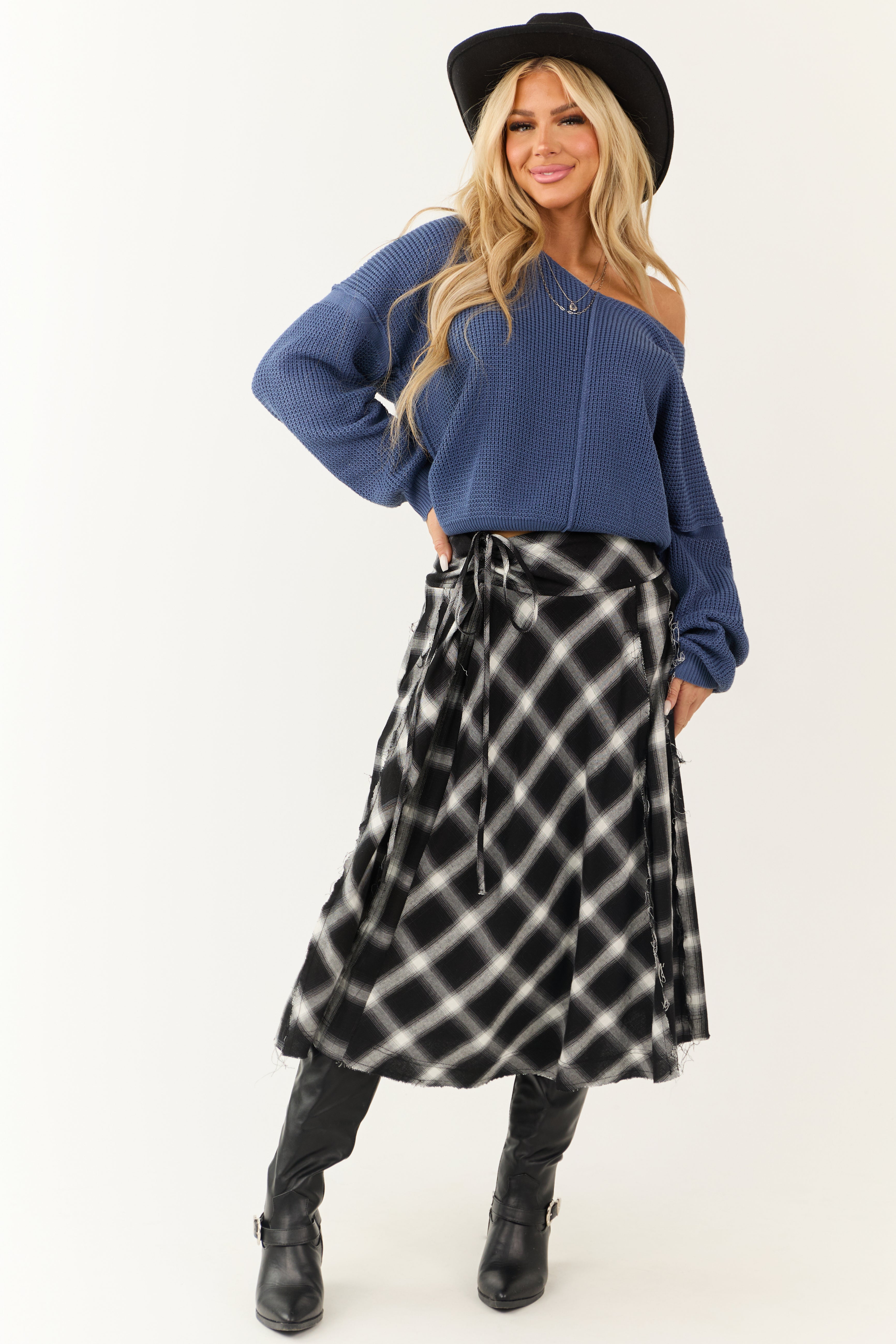 Cotton Plaid Midi Skirt with Side Tie Detail