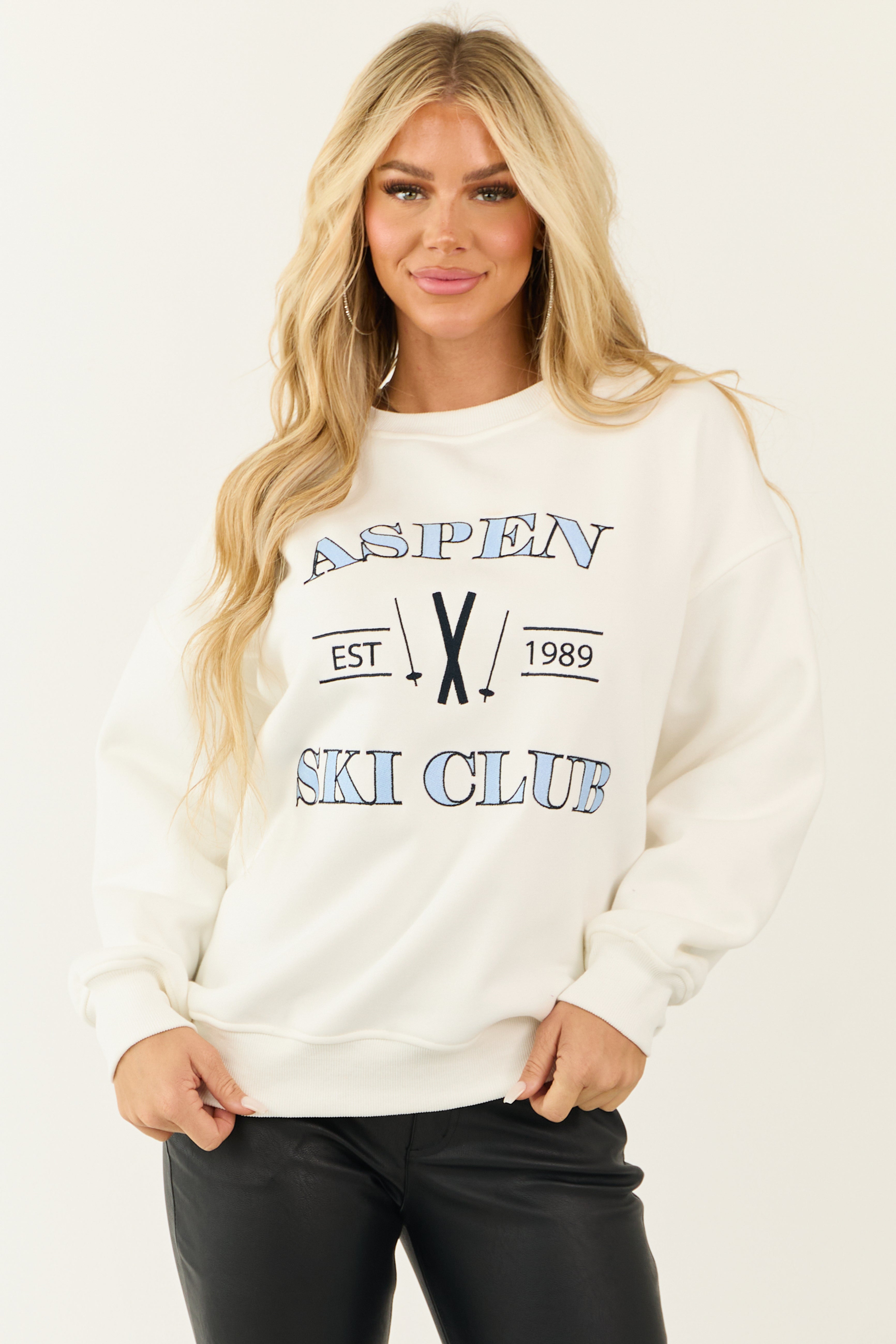 White Embroidered Ski Club Sweatshirt - Soft Knit, Long Sleeve