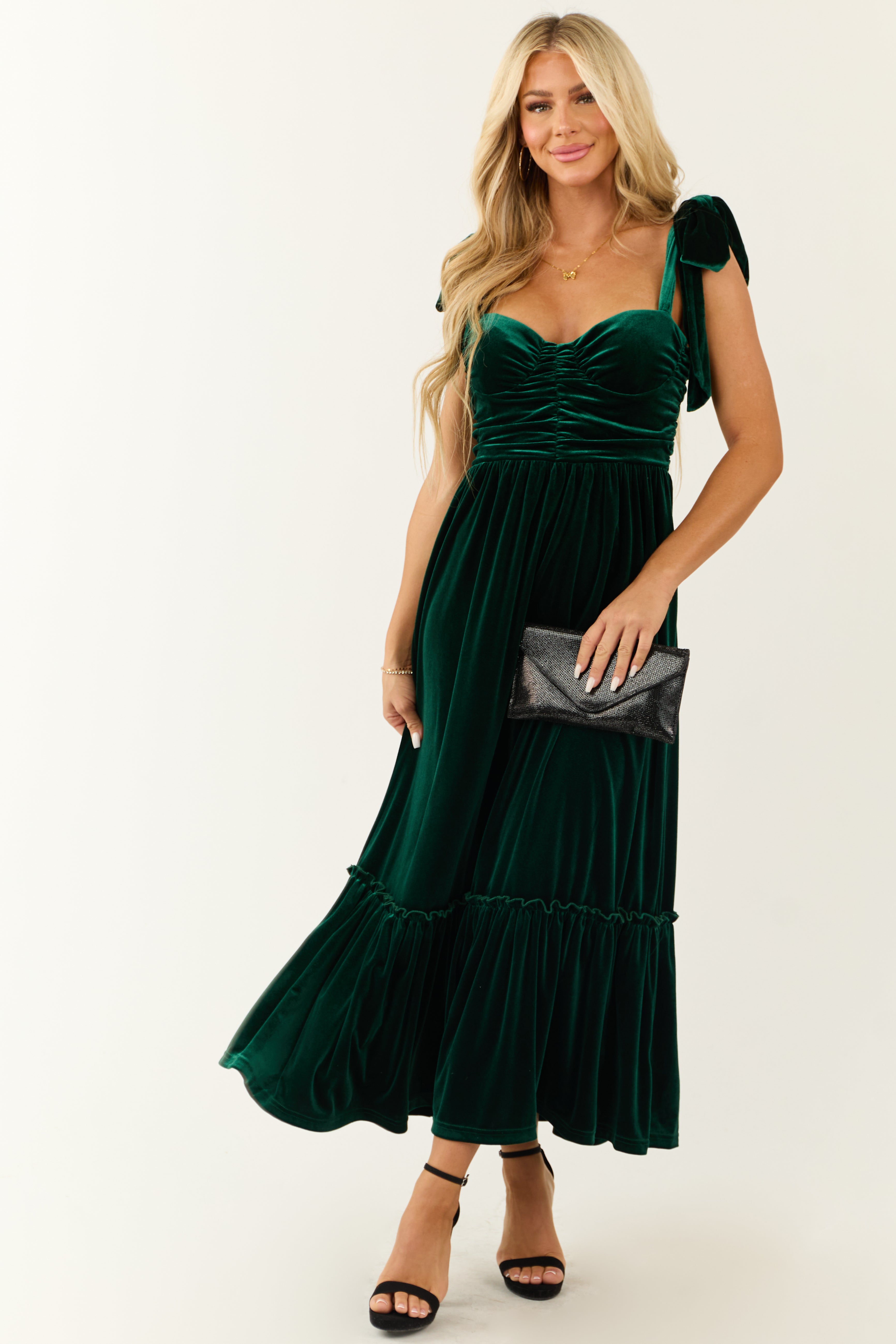 Green Velvet Ruched Maxi Dress with Adjustable Shoulder Ties