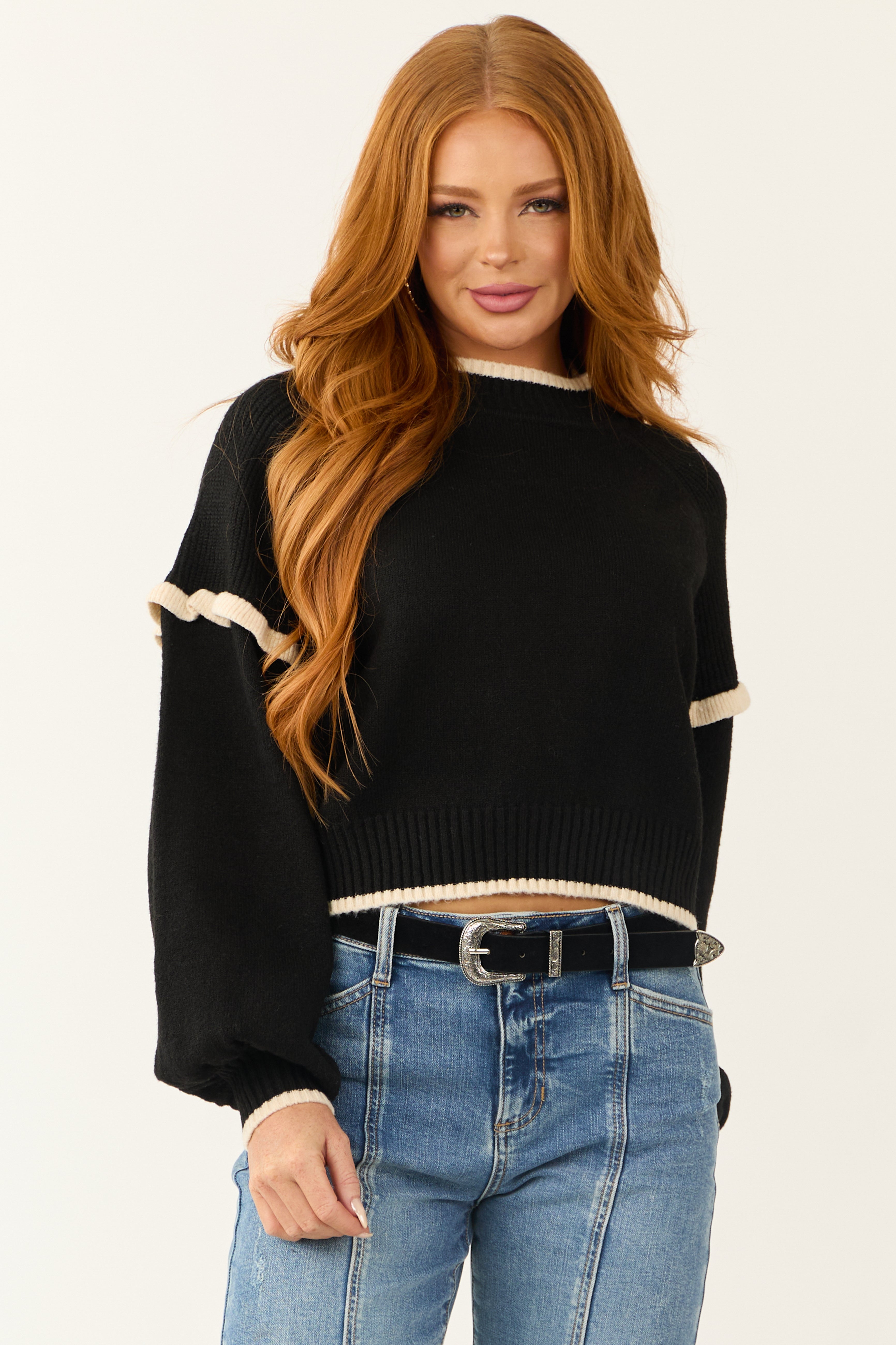 Black Ribbed Knit Ruffle Shoulder Sweater
