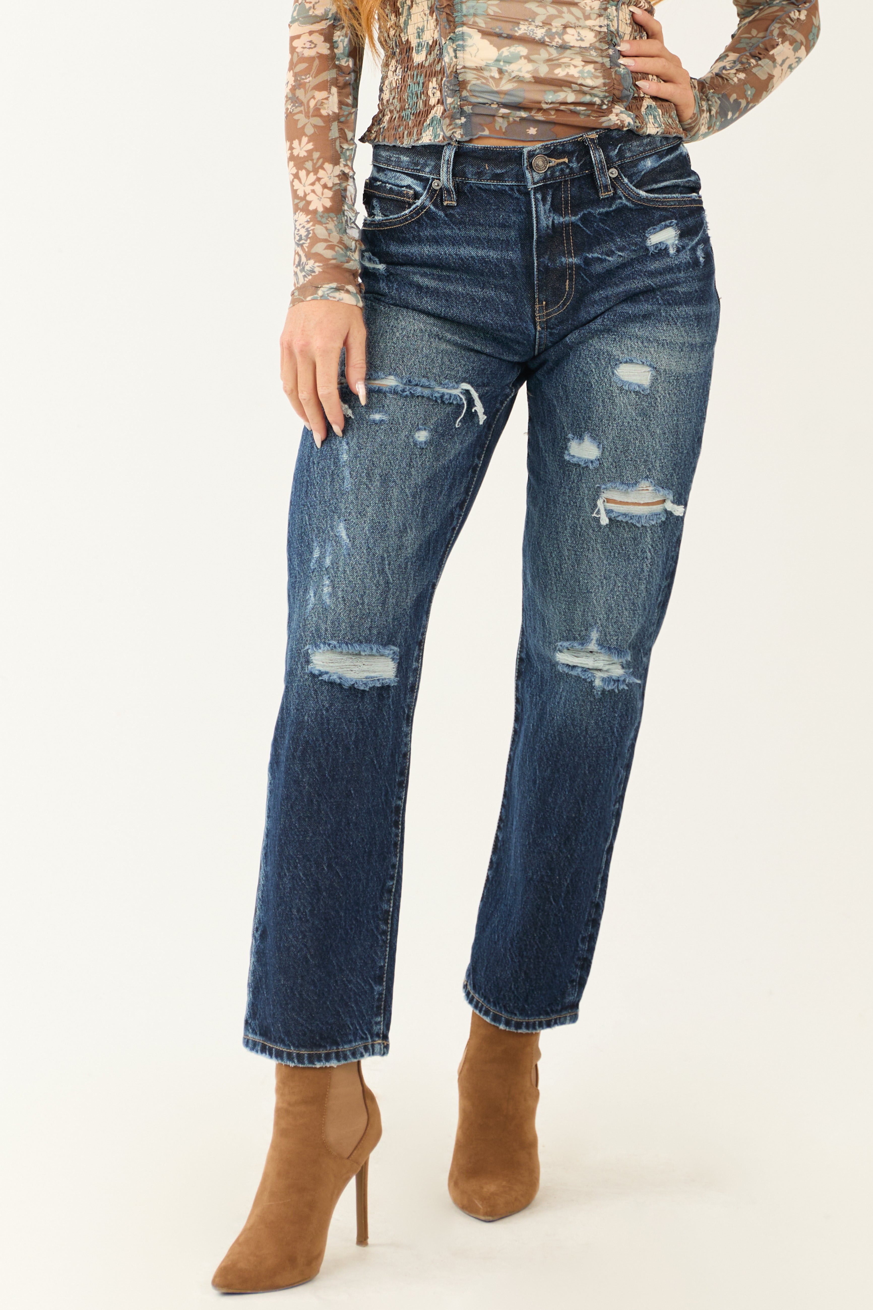 Distressed Dark Wash High Rise Ankle Jeans