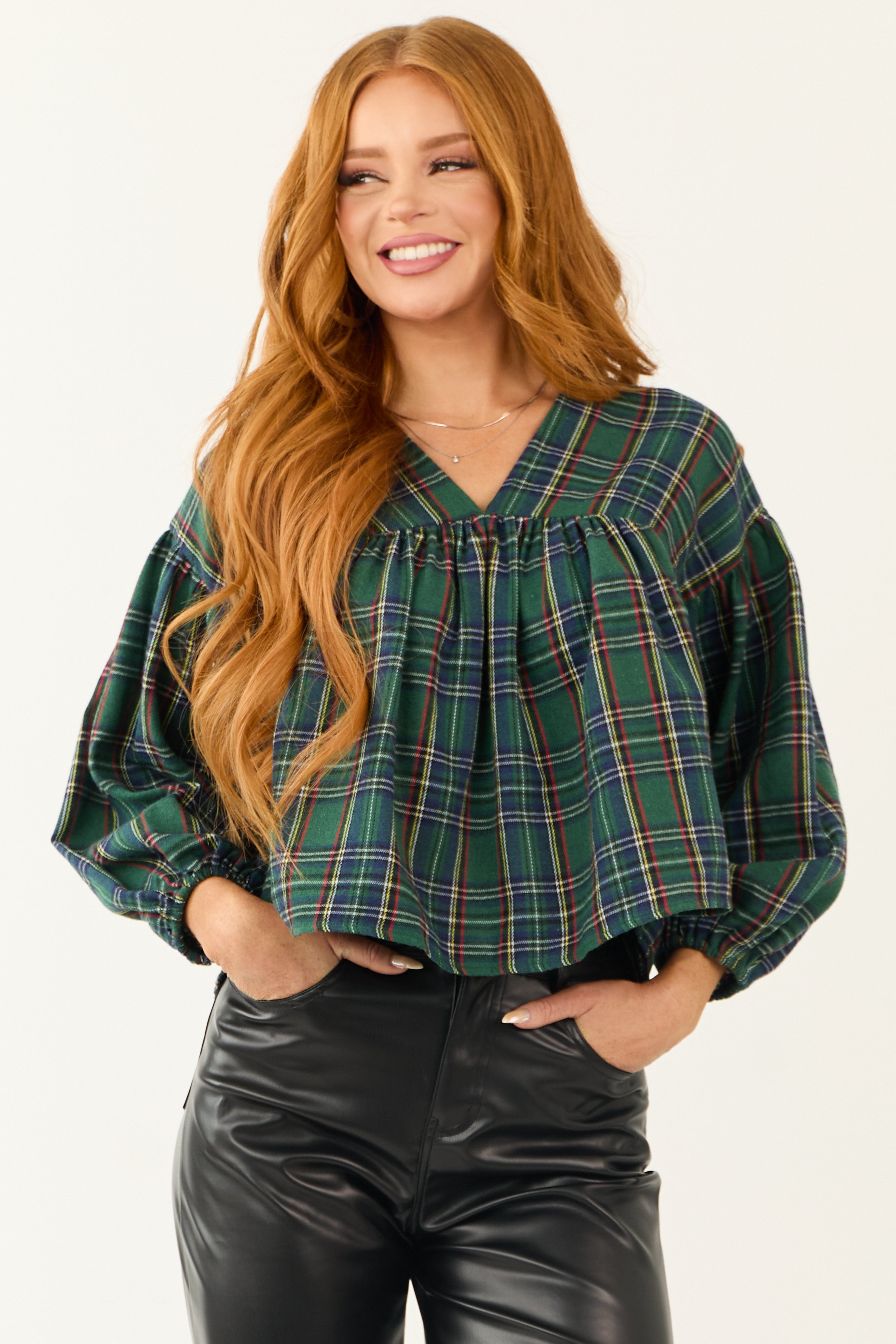 Pine Plaid Tie Back Top in Forest Green - Balloon Sleeves