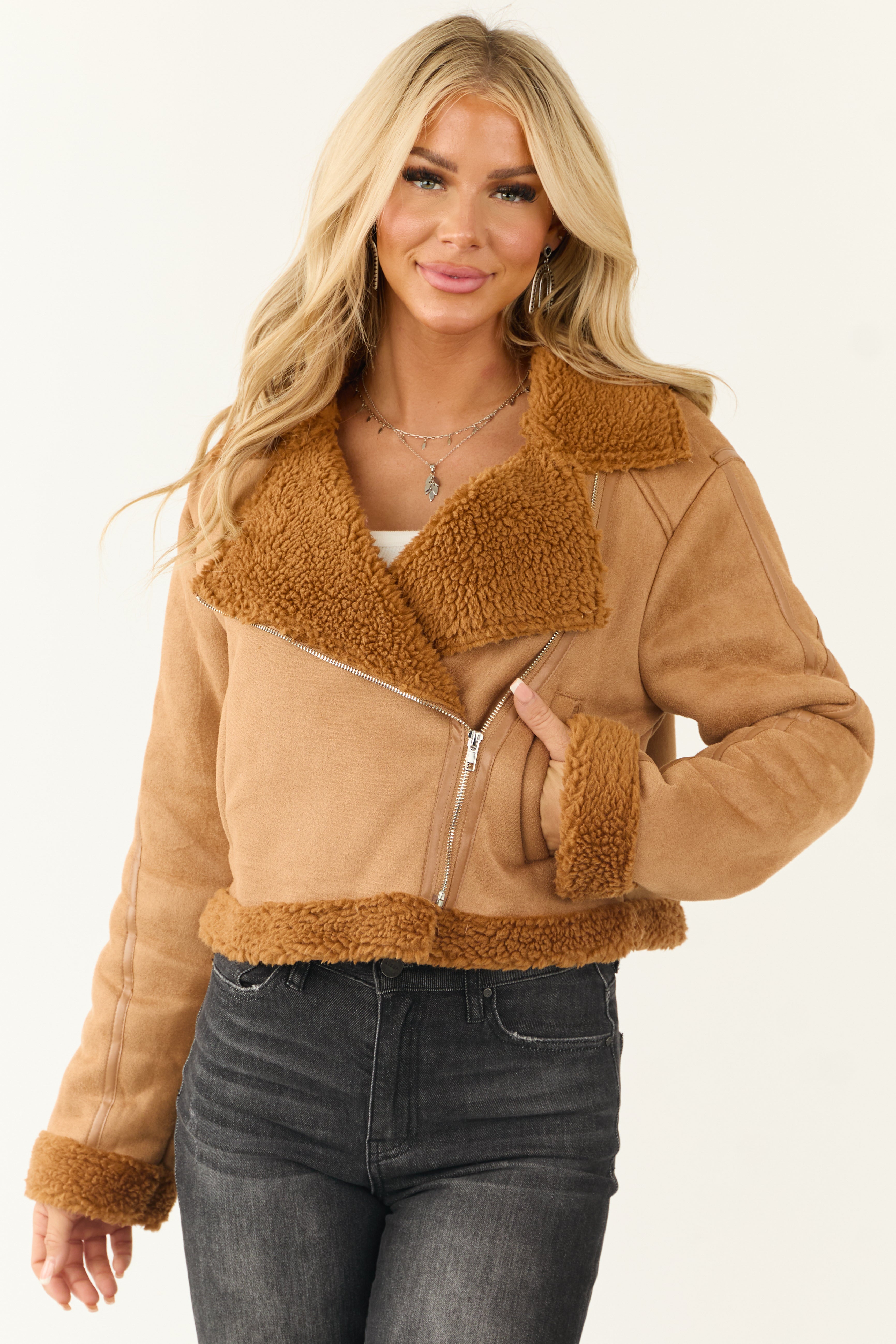Brown Faux Suede Sherpa Jacket
