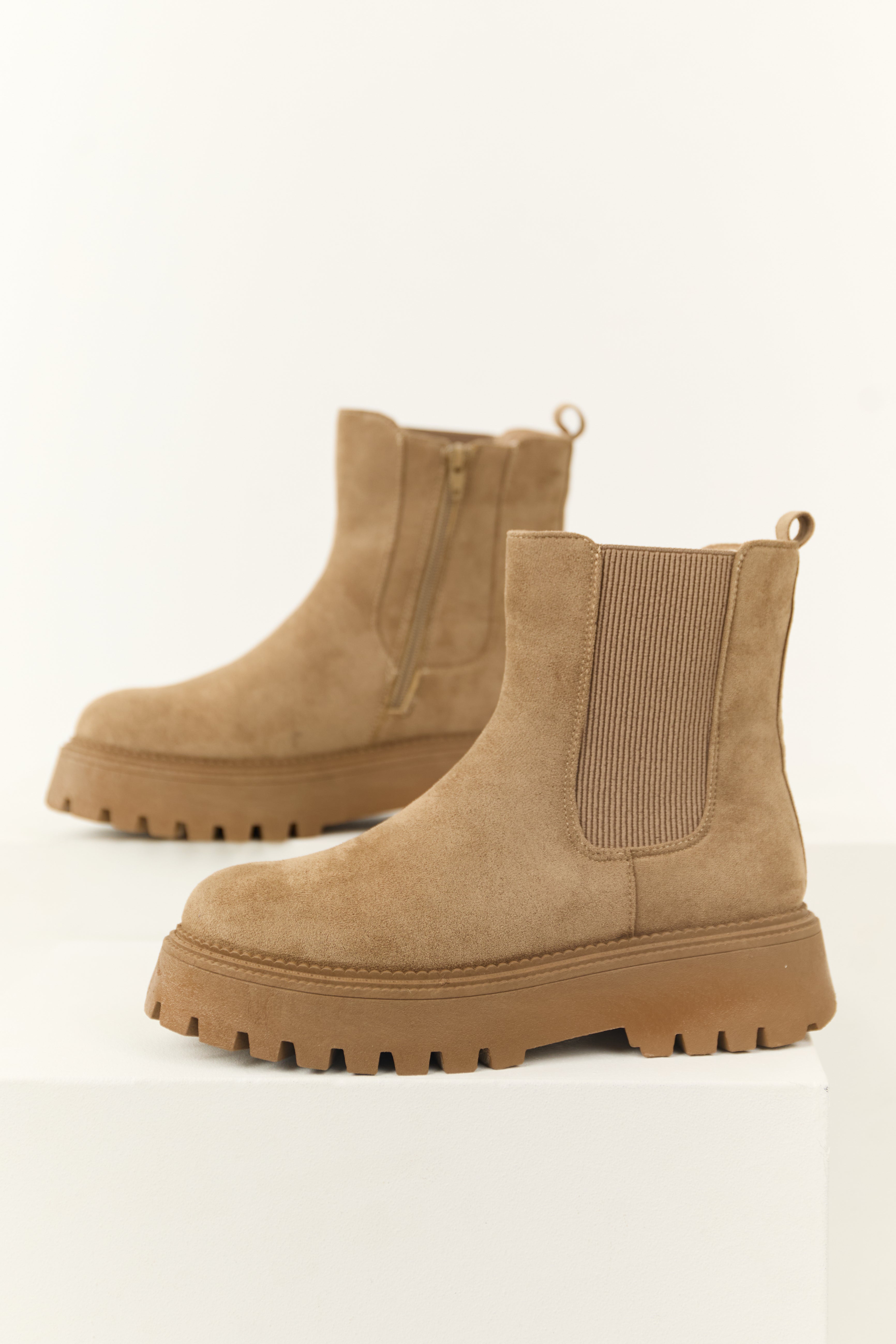Taupe Lug Platform Boots Womens Faux Suede Ankle Boots