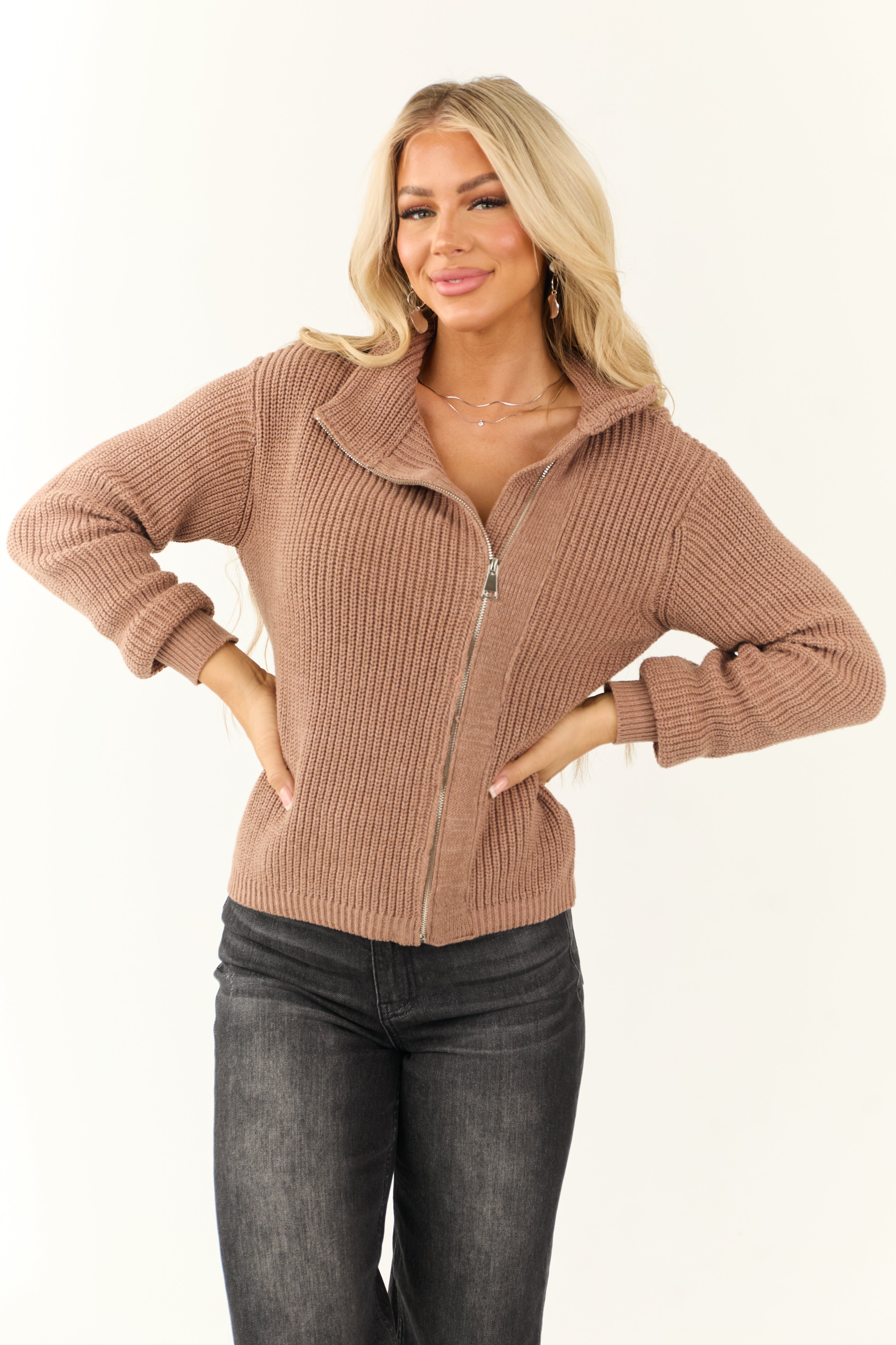 Ribbed Knit Zip Up Jacket in Rose Taupe Color
