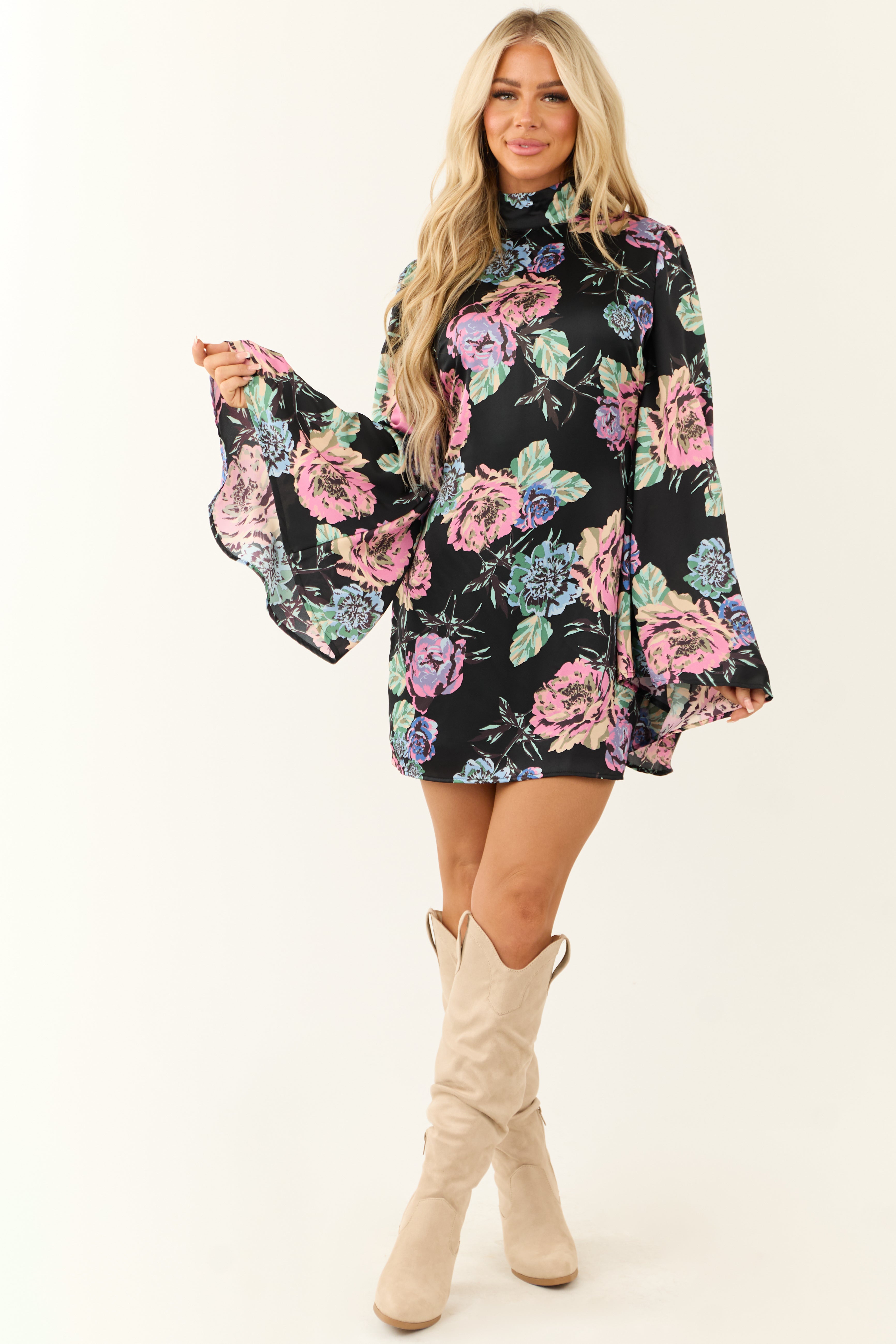 Floral Print Satin Short Dress with Flare Sleeves