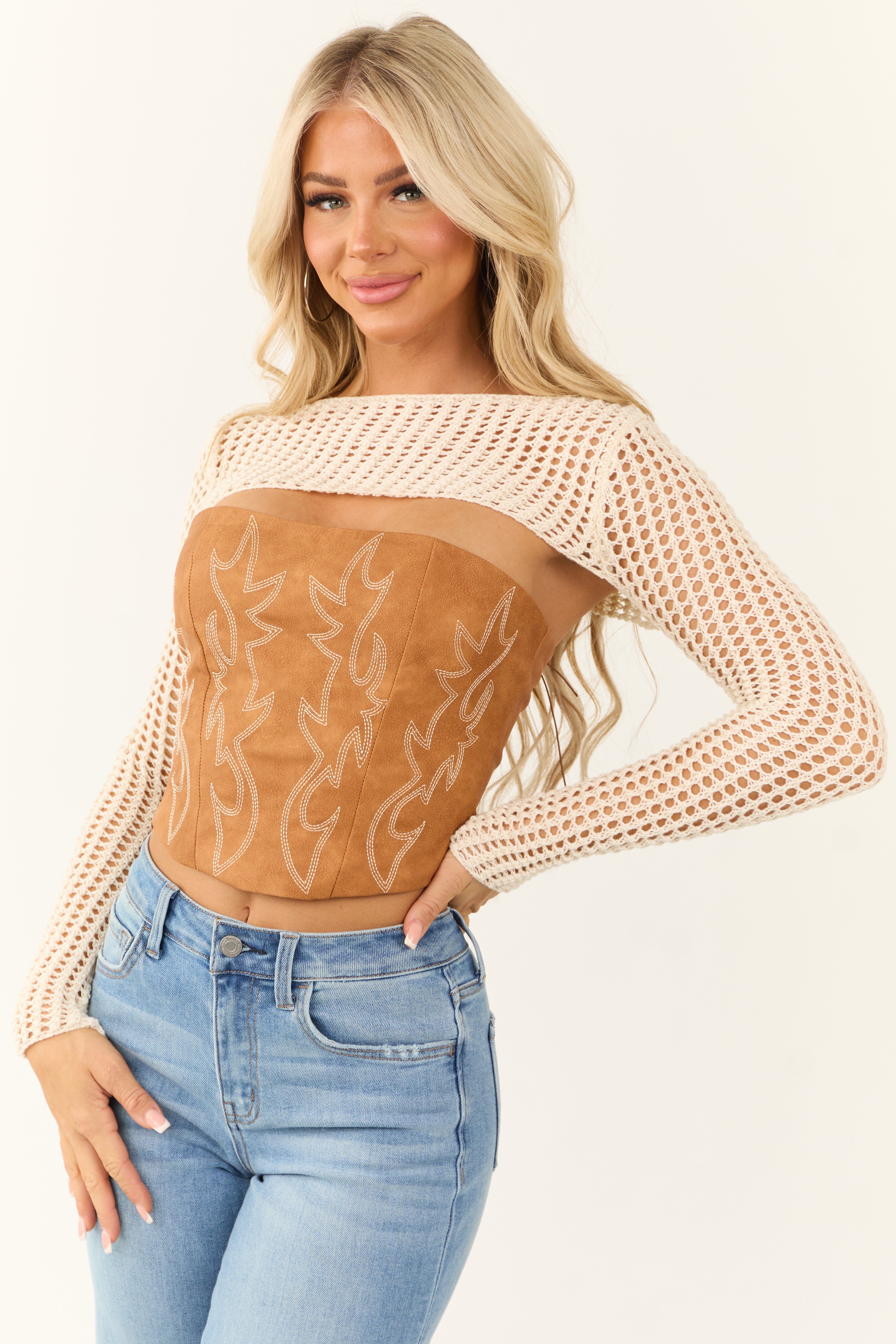 Ivory Knit Long Sleeve Cropped Sweater Top