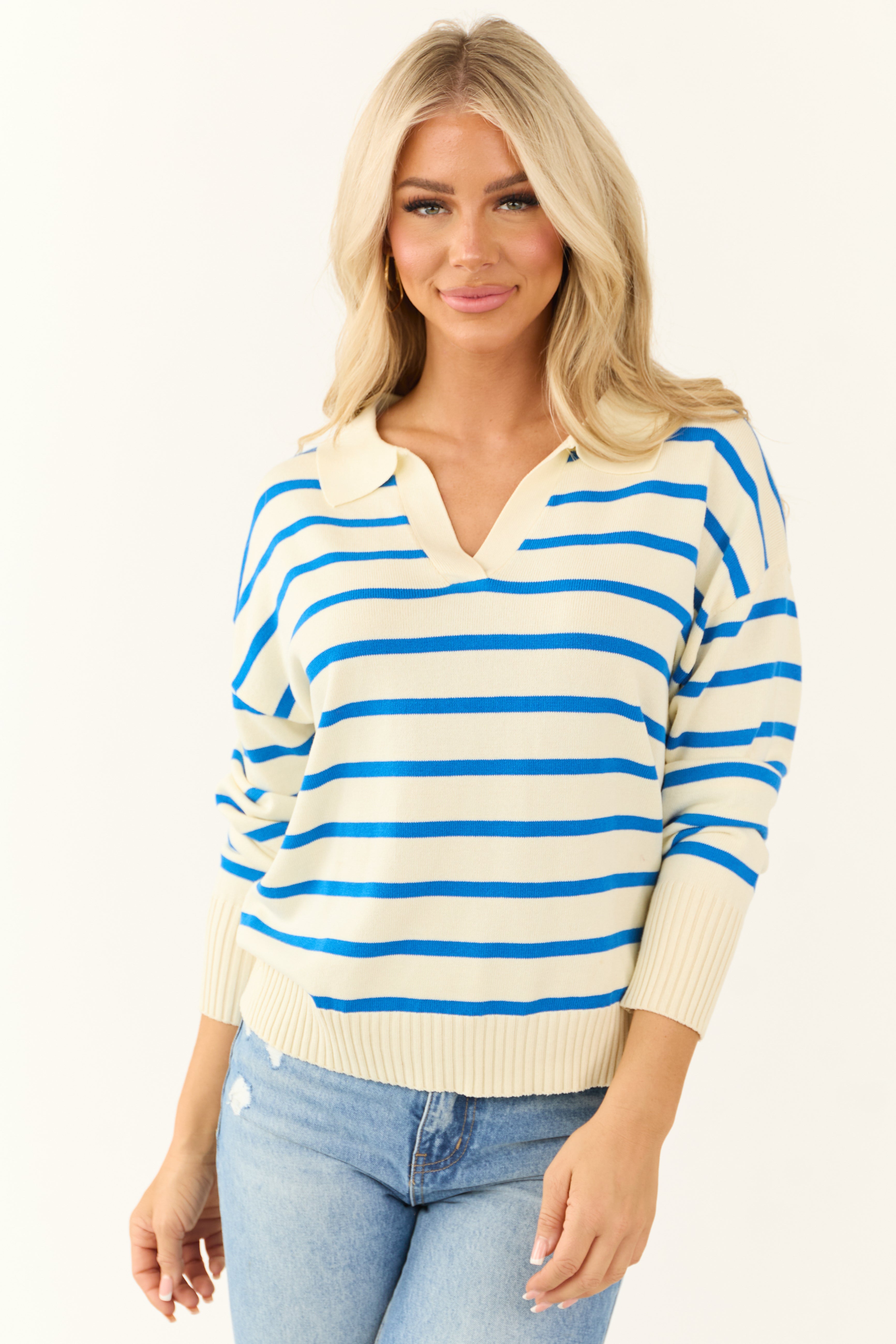 Striped V Neck Sweater in Cream and Sapphire Color