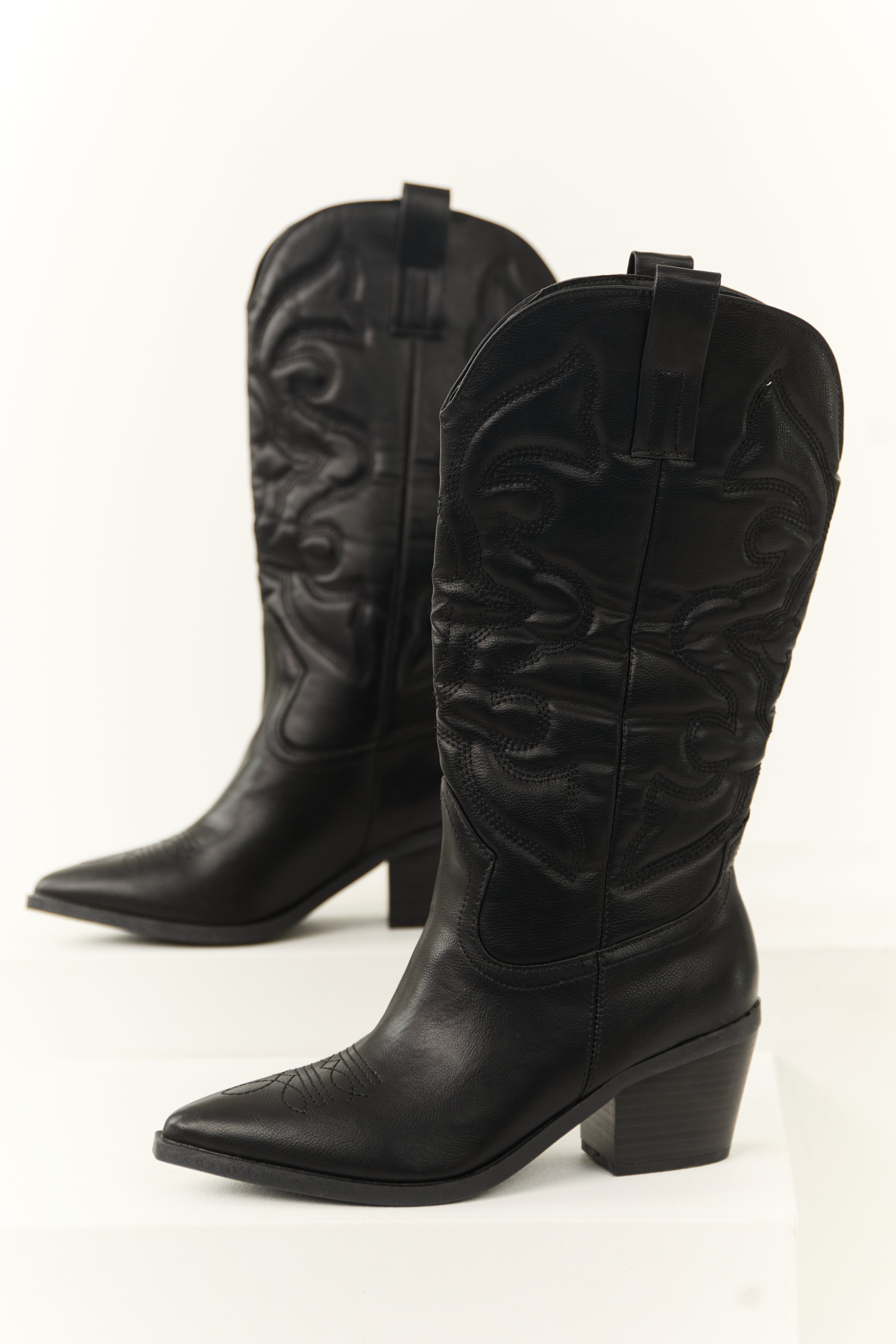 Black Western Faux Leather Block Heel Calf Boots
