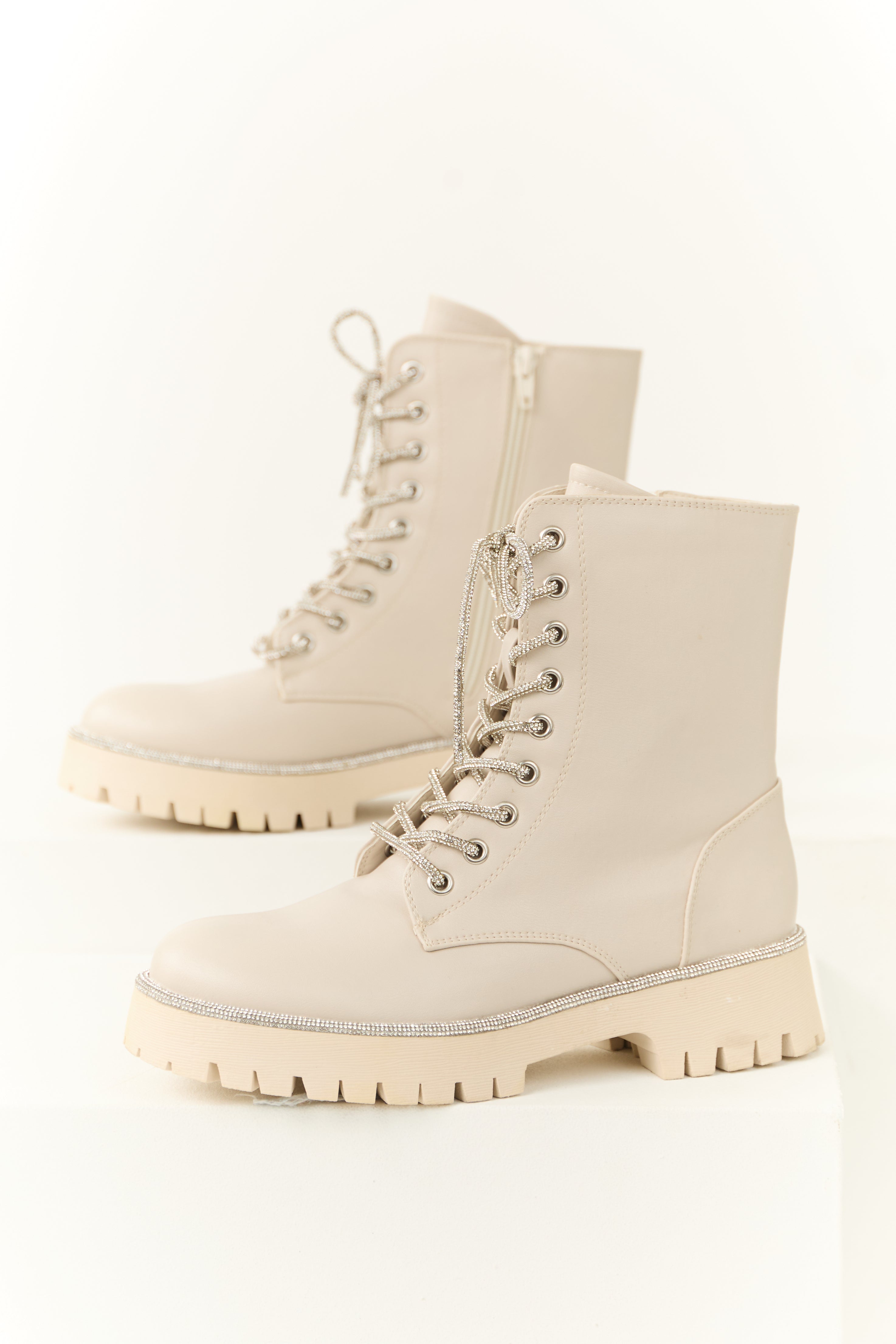 White Rhinestone Platform Combat Boots