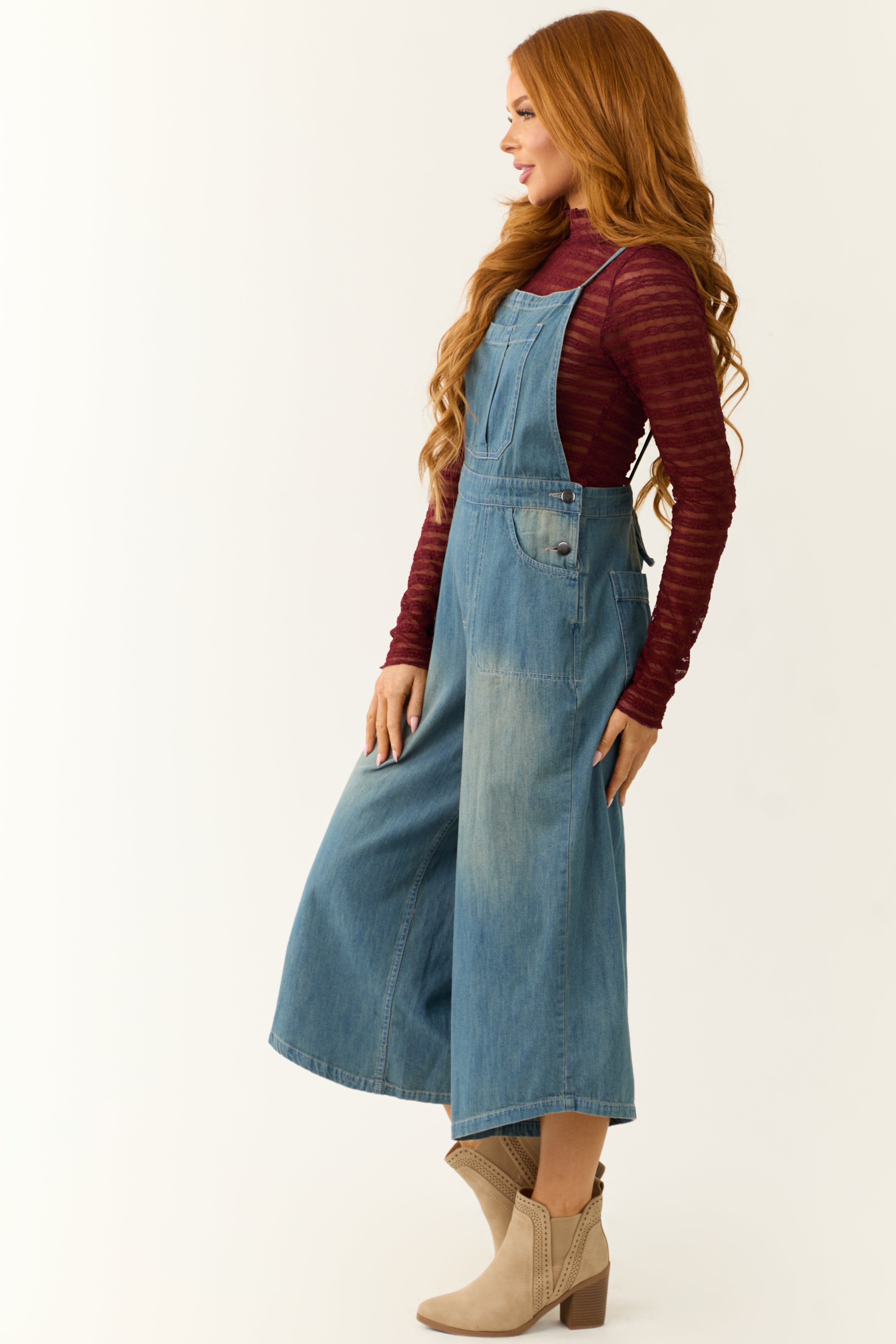 Denim Wide Leg Overalls Jumpsuit in Medium Wash - Womens Fashion