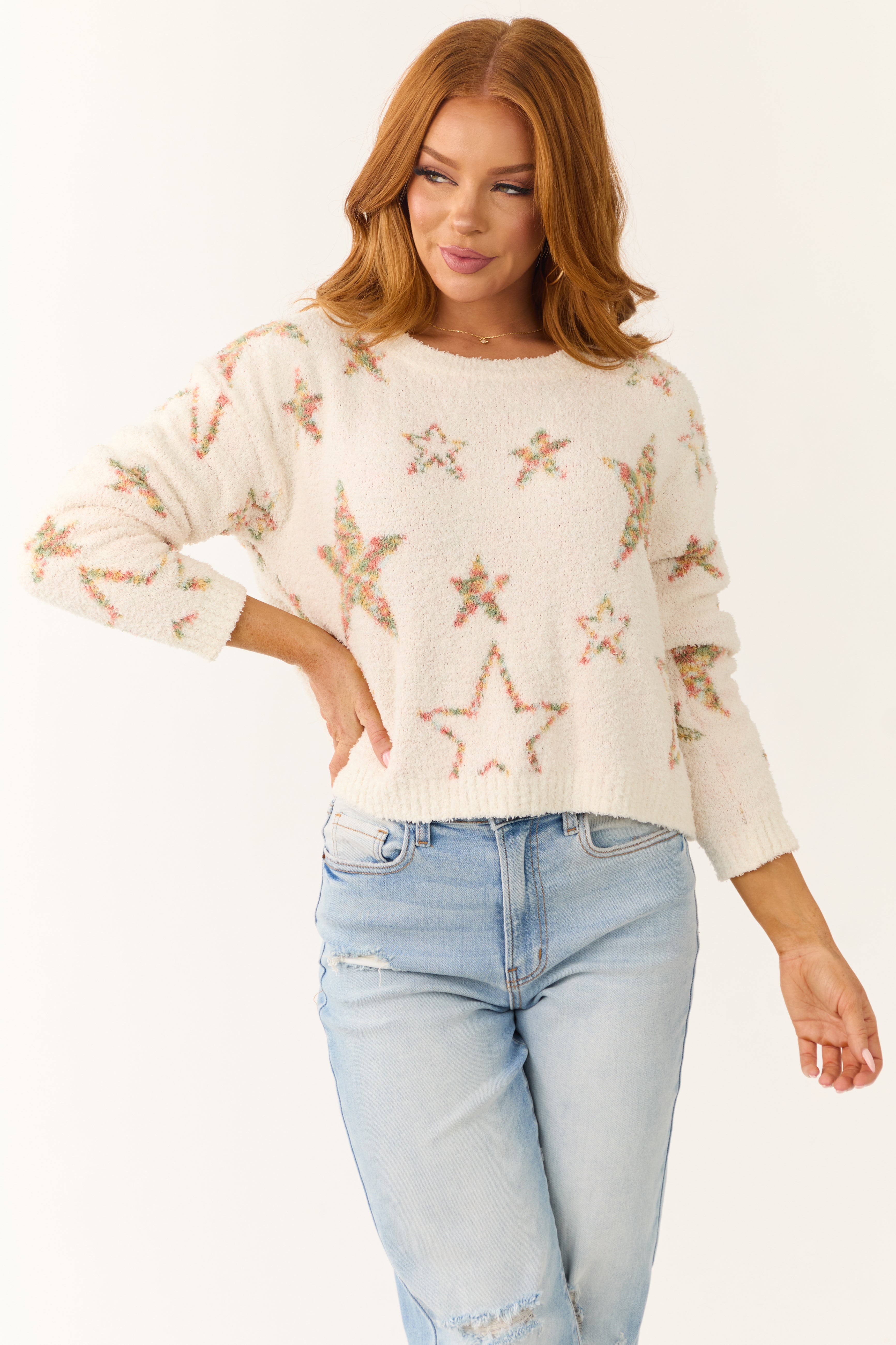Ivory Star Pattern Knit Sweater - Soft & Stretchy Long Sleeve Pullover