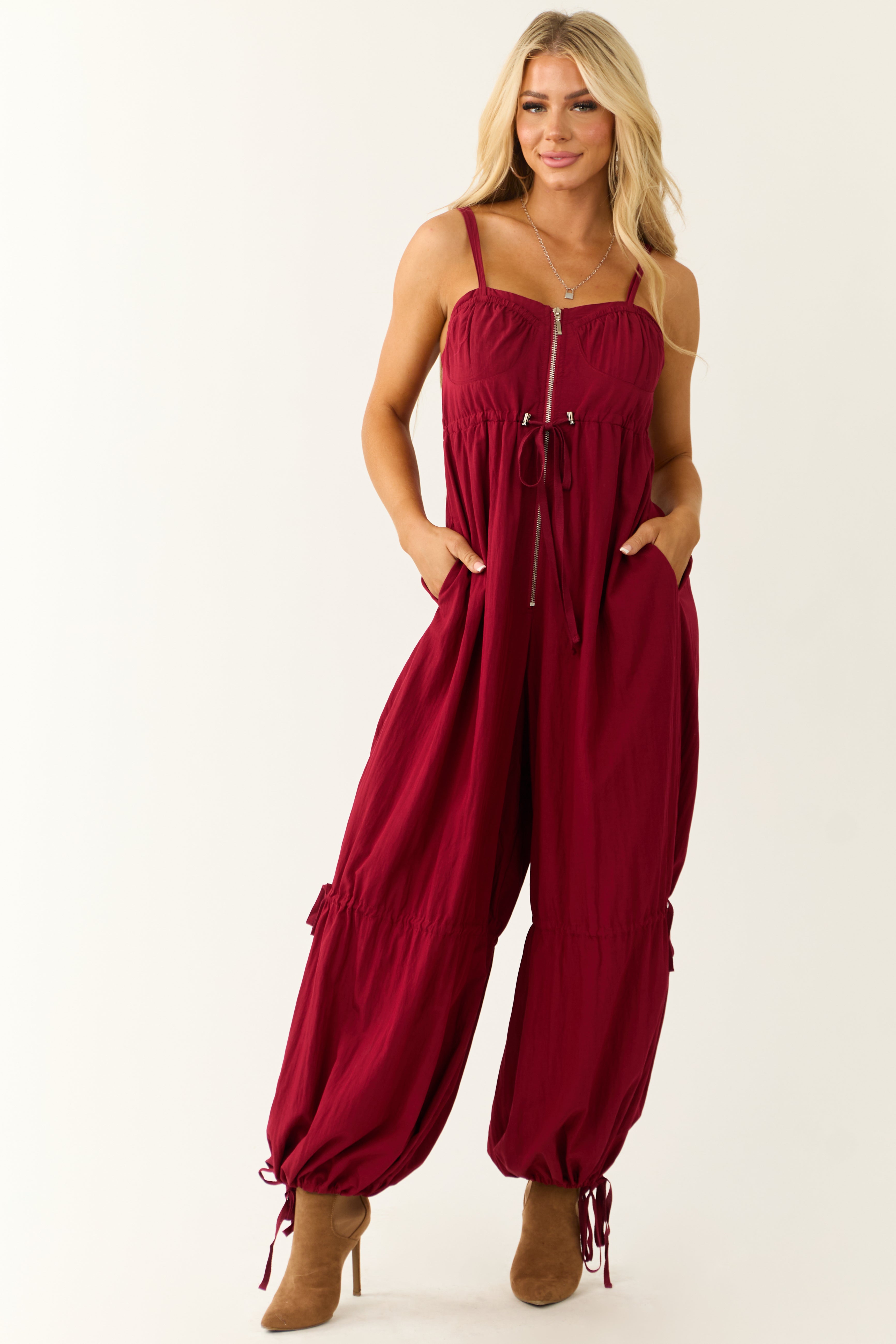 Maroon Drawstring Sleeveless Jumpsuit
